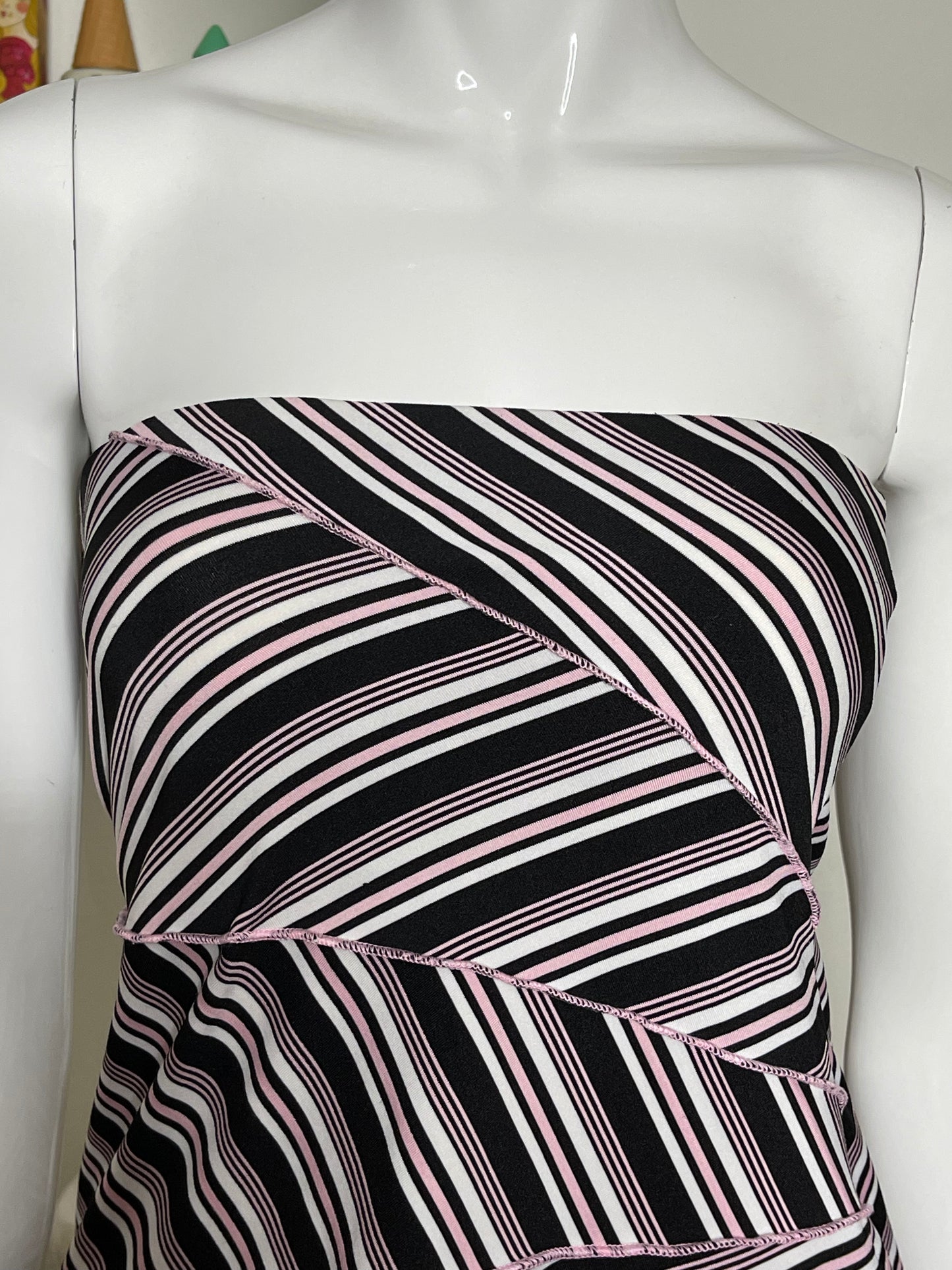 2000s Pink & Black Striped Asymmetrical Tube Top Sz M