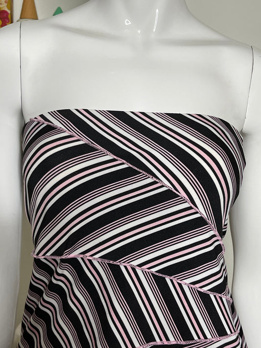 2000s Pink & Black Striped Asymmetrical Tube Top Sz M