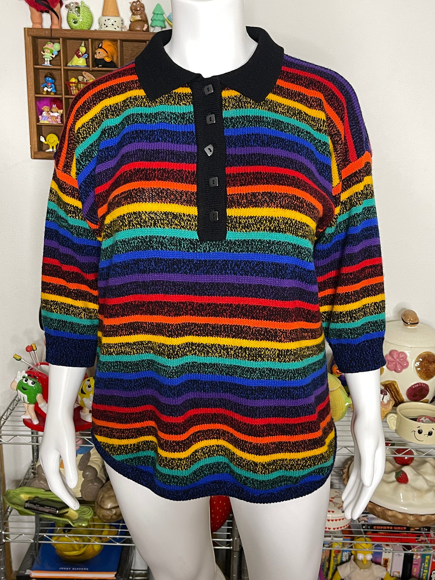 Vintage 90s Rainbow Striped Oversized Knit Sweater Sz "One Size"