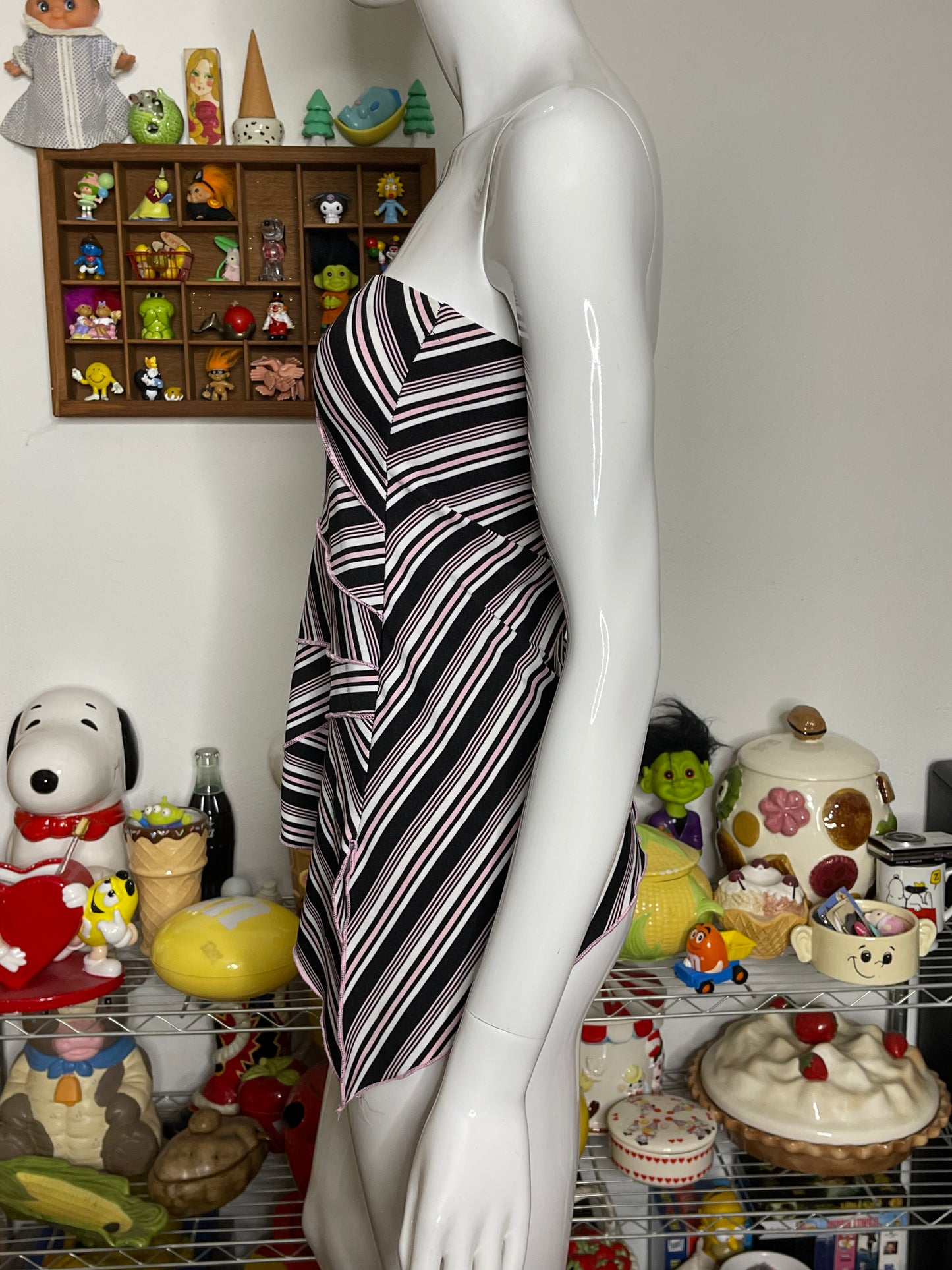 2000s Pink & Black Striped Asymmetrical Tube Top Sz M