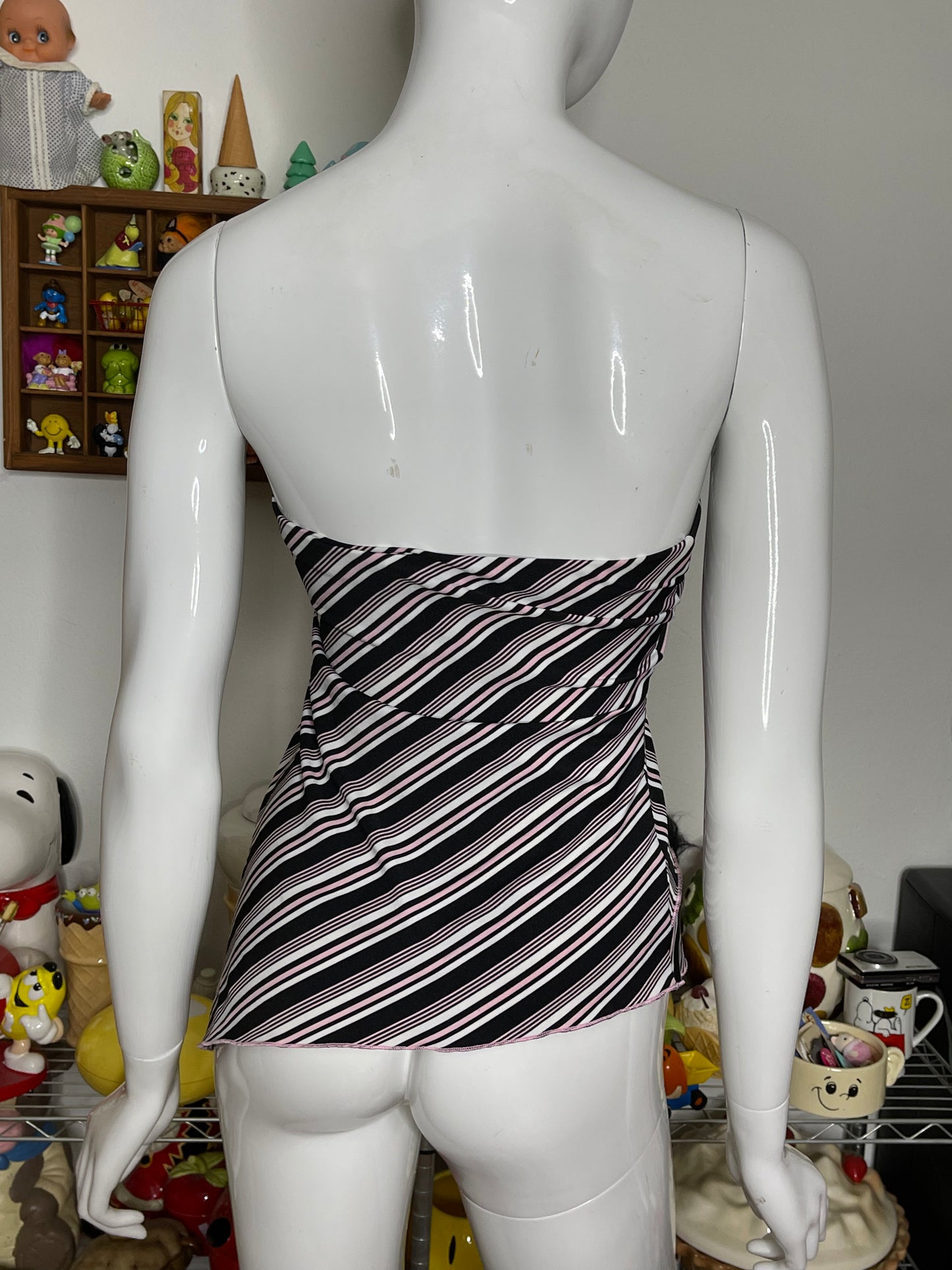 2000s Pink & Black Striped Asymmetrical Tube Top Sz M