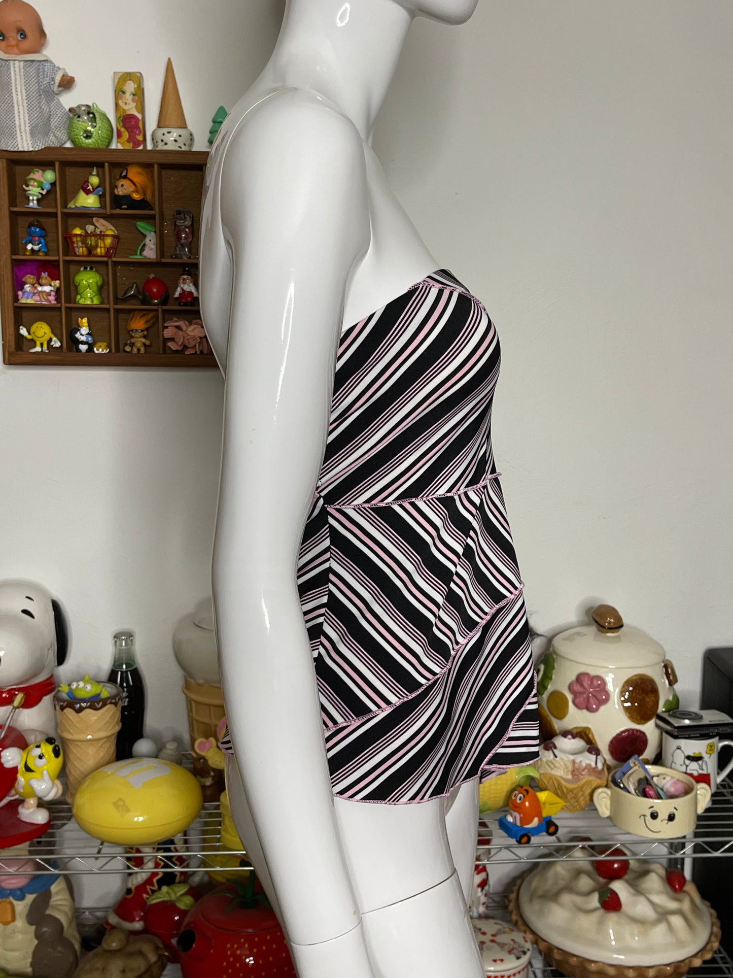 2000s Pink & Black Striped Asymmetrical Tube Top Sz M