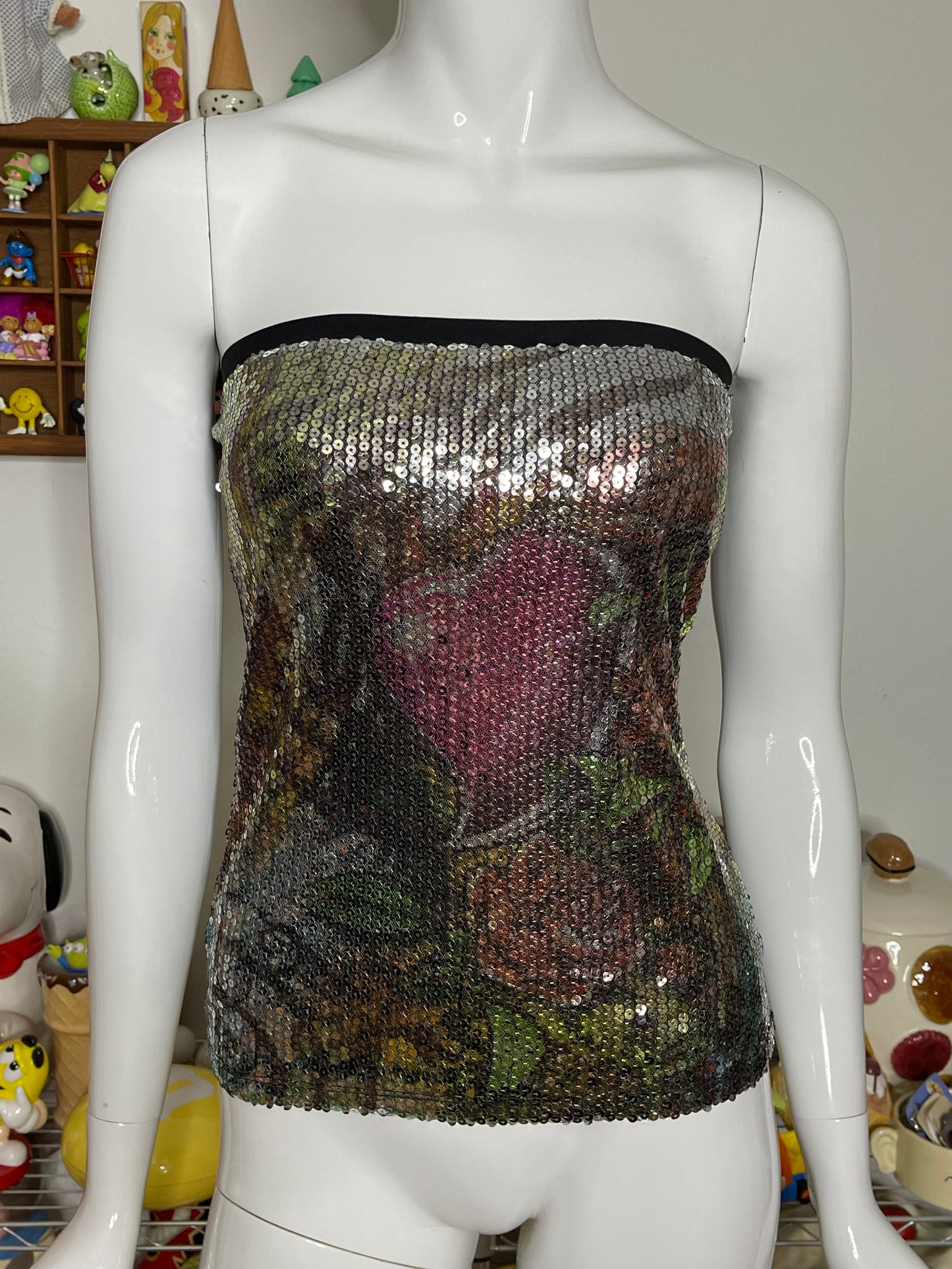 2000s Heart Rose Tattoo Sequin Tube Top Sz S/M