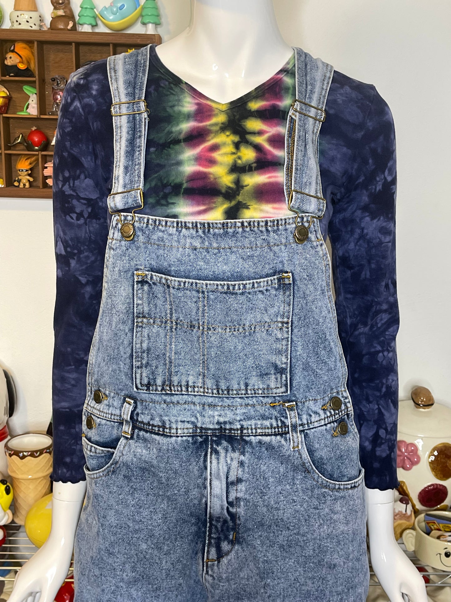 Vintage 80s 90s Acid wash Denim Short Overalls Sz M