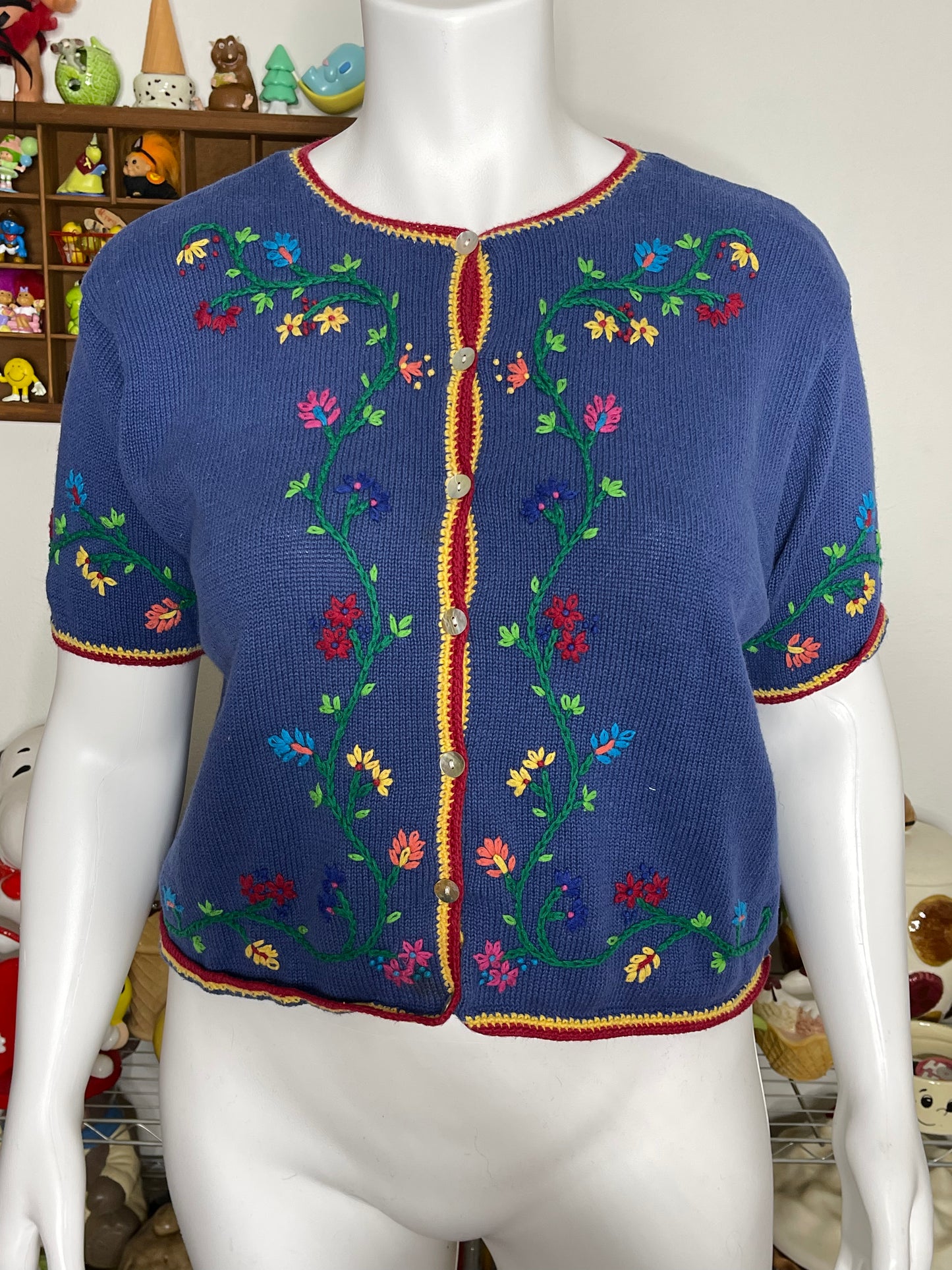 Vintage Floral Short Sleeve Knit Cardigan Sz XL