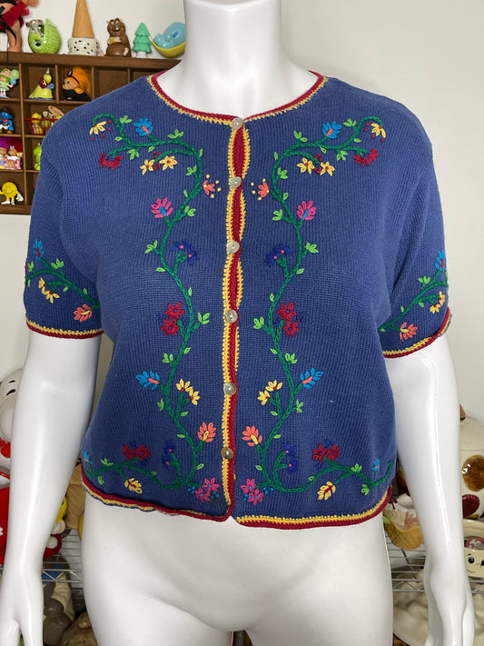 Vintage Floral Short Sleeve Knit Cardigan Sz XL