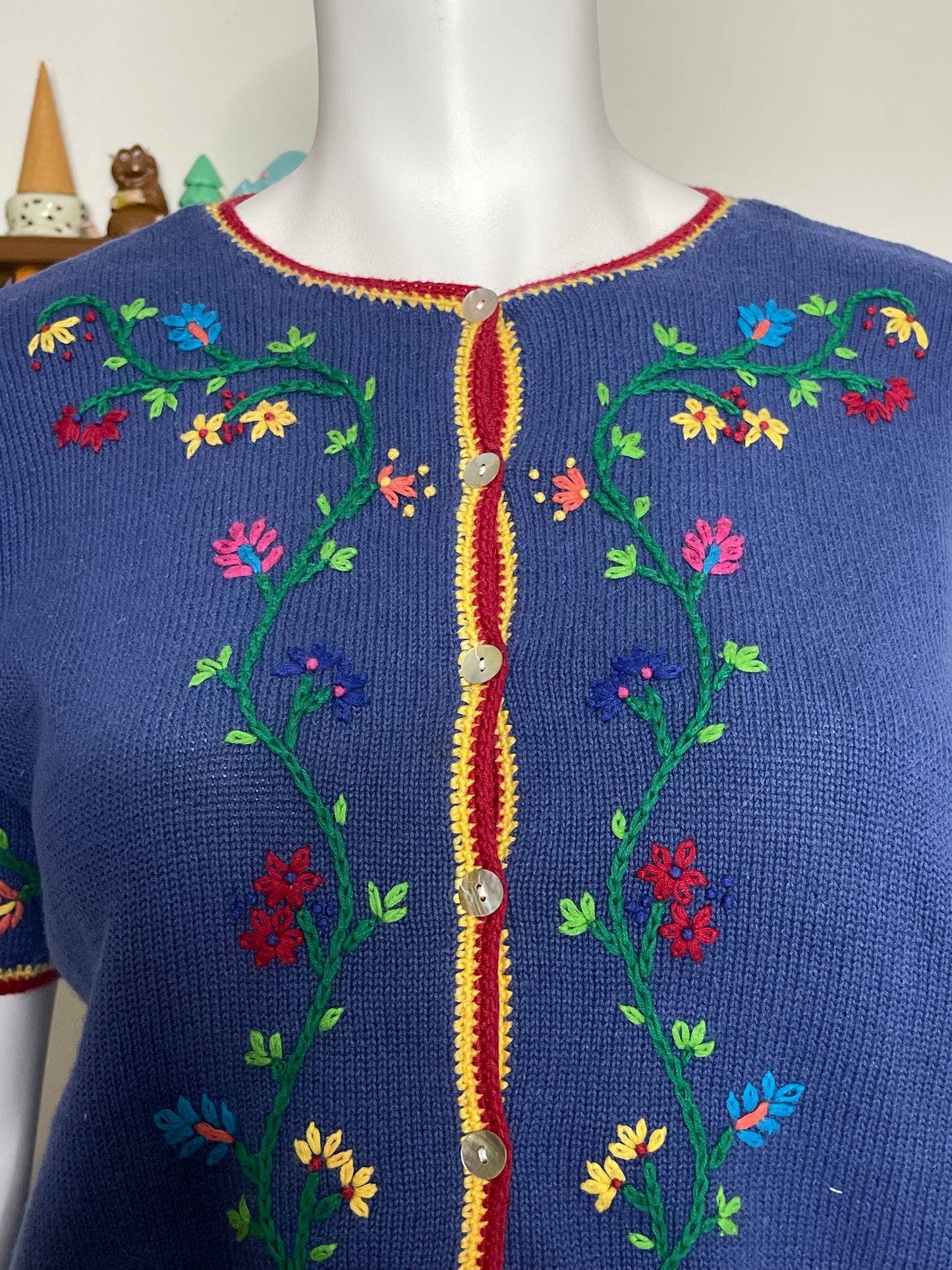 Vintage Floral Short Sleeve Knit Cardigan Sz XL