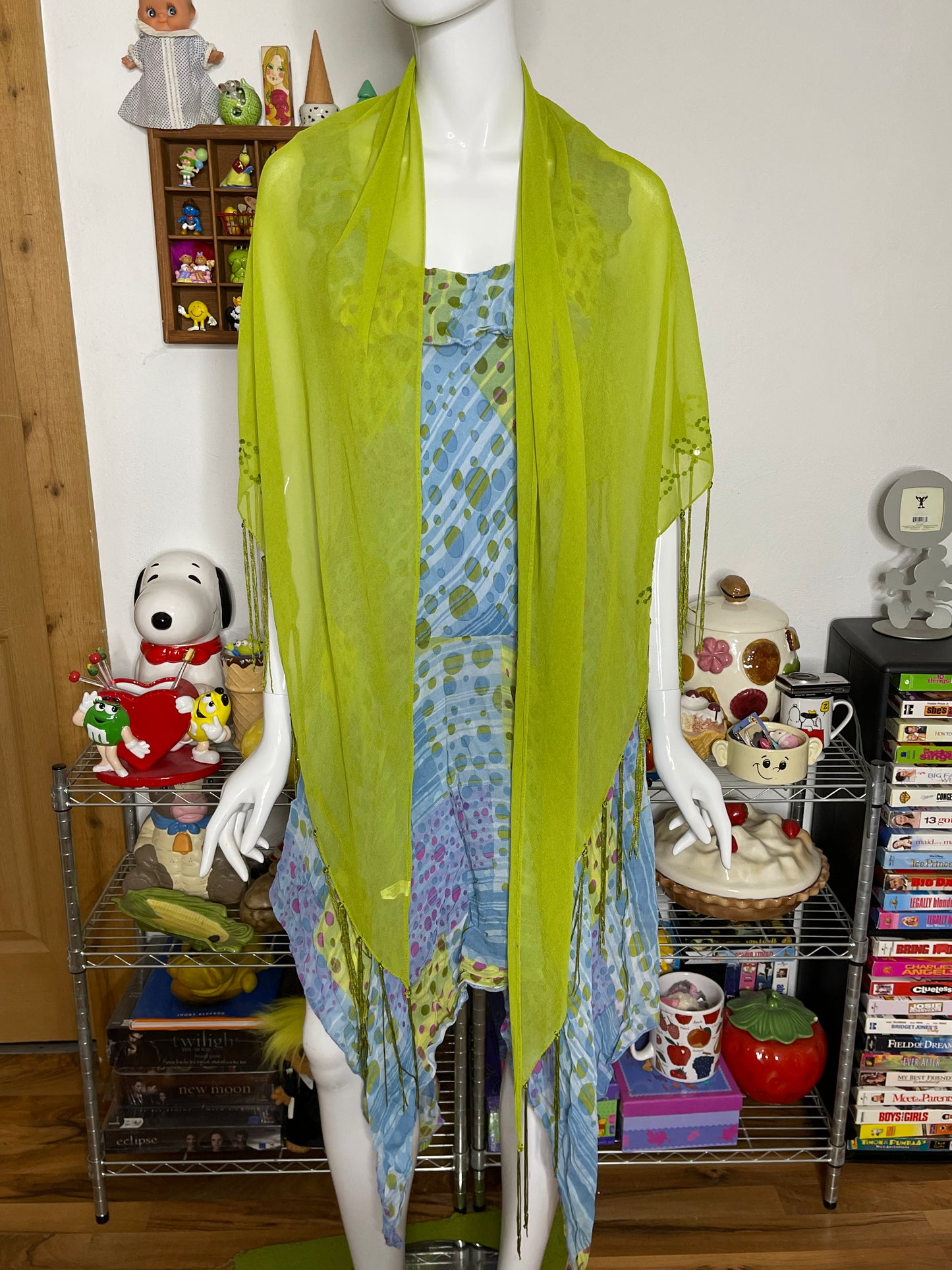 Vintage 2000s Crinkly Polka Dot Layered Midi Dress Sz L