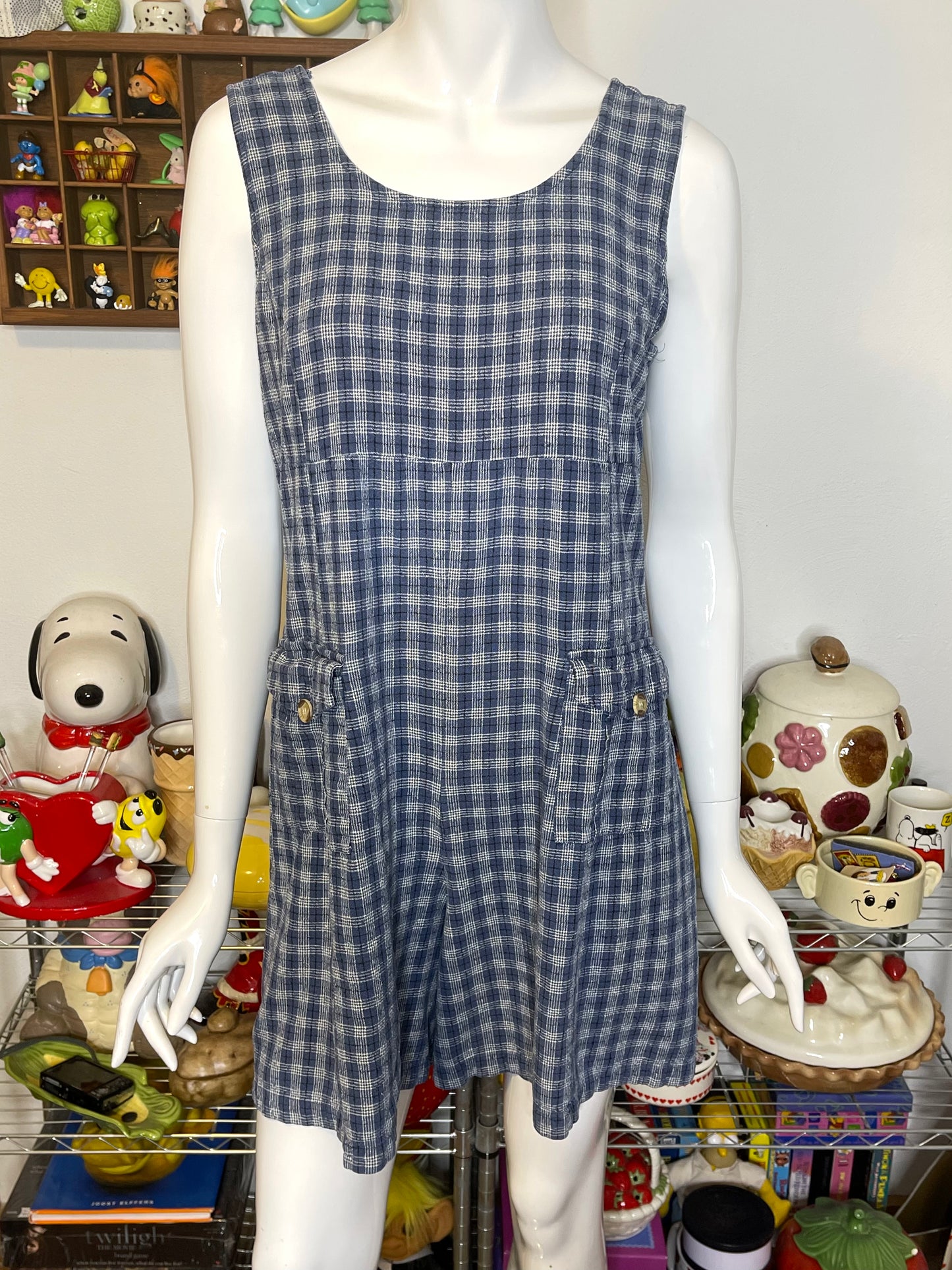Vintage 90s Blue Plaid Light Weight Silk Romper Sz L