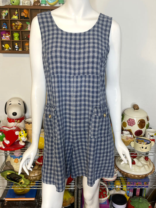 Vintage 90s Blue Plaid Light Weight Silk Romper Sz L