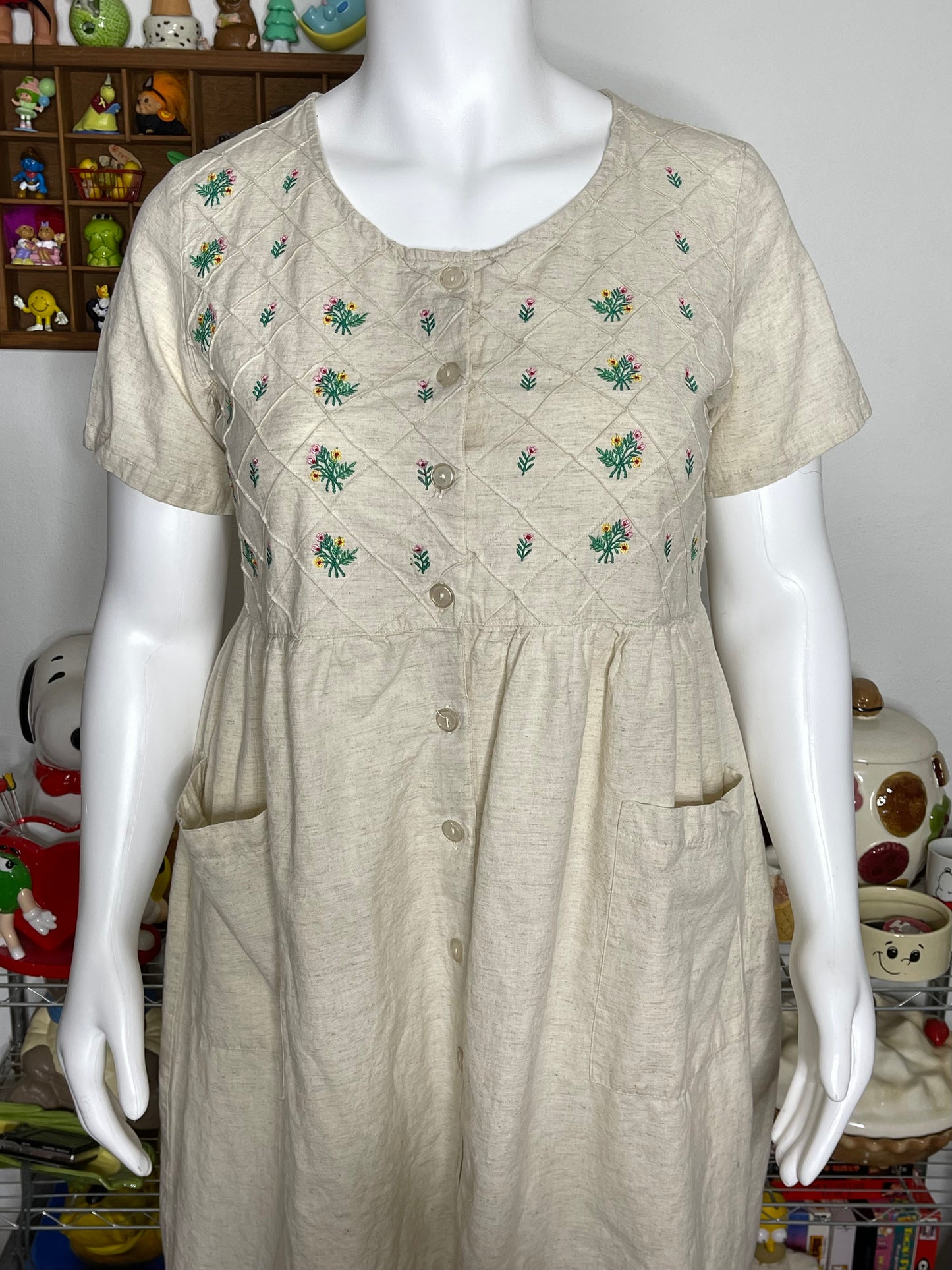 Vintage Flower Embroidered Linen Blend Maxi Dress Sz L