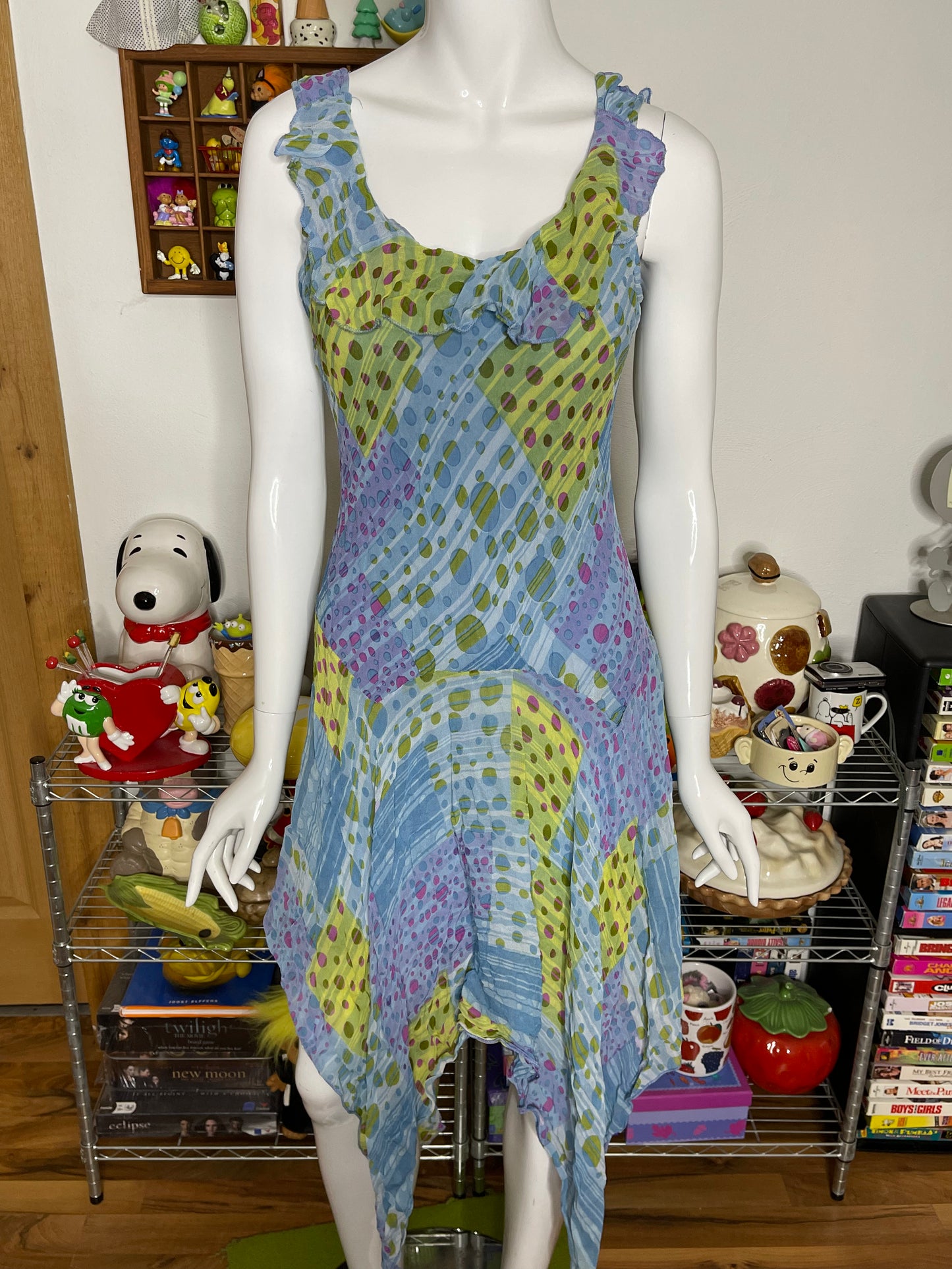 Vintage 2000s Crinkly Polka Dot Layered Midi Dress Sz L