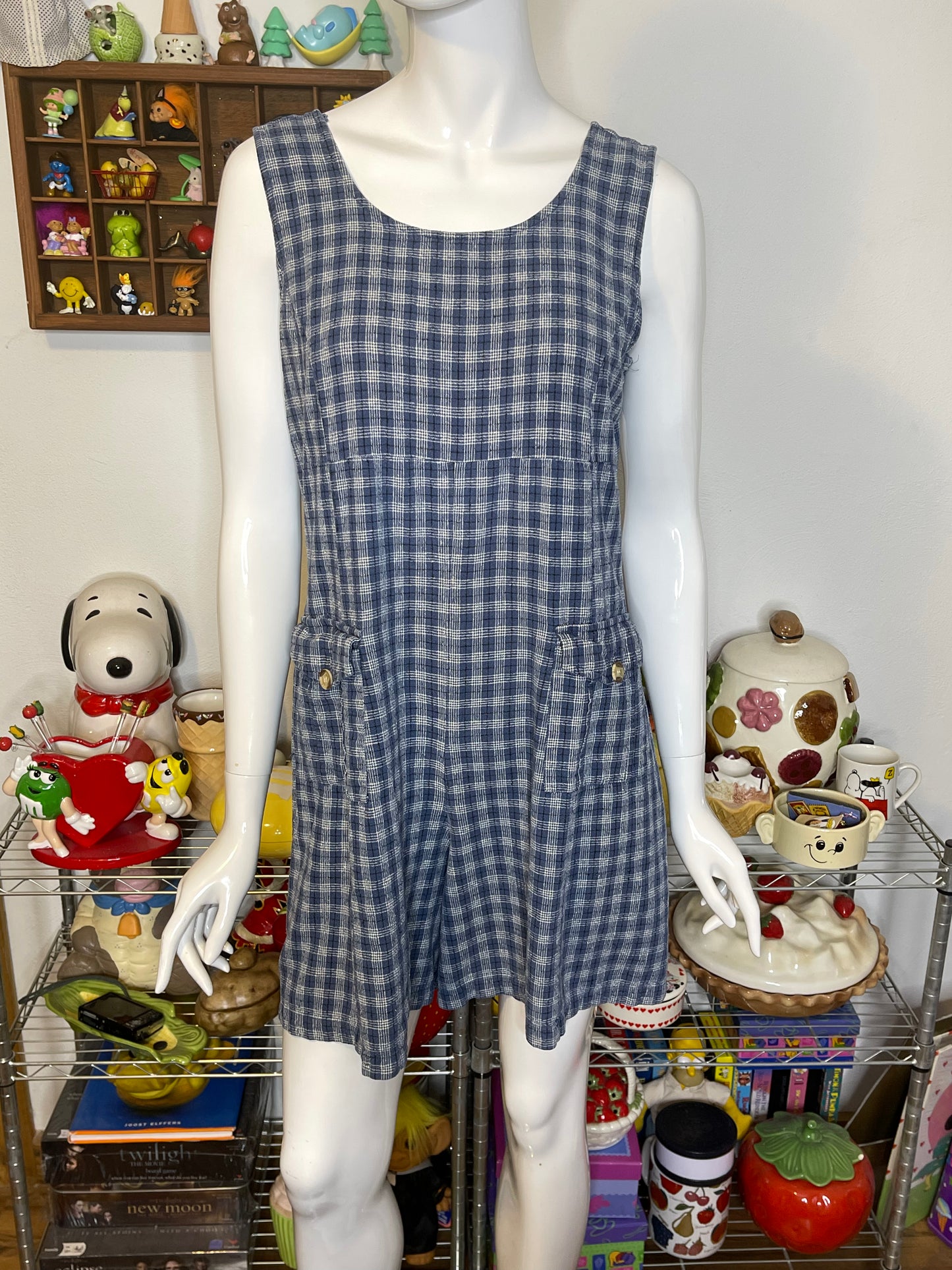 Vintage 90s Blue Plaid Light Weight Silk Romper Sz L