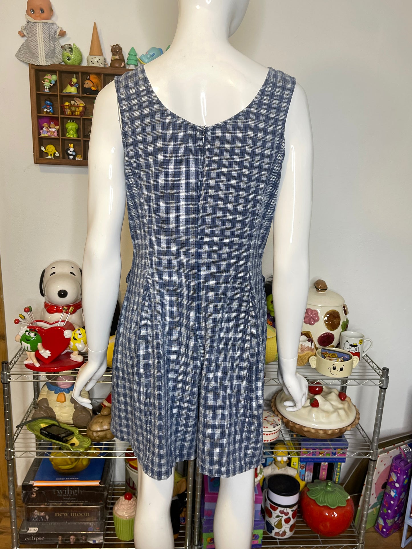 Vintage 90s Blue Plaid Light Weight Silk Romper Sz L