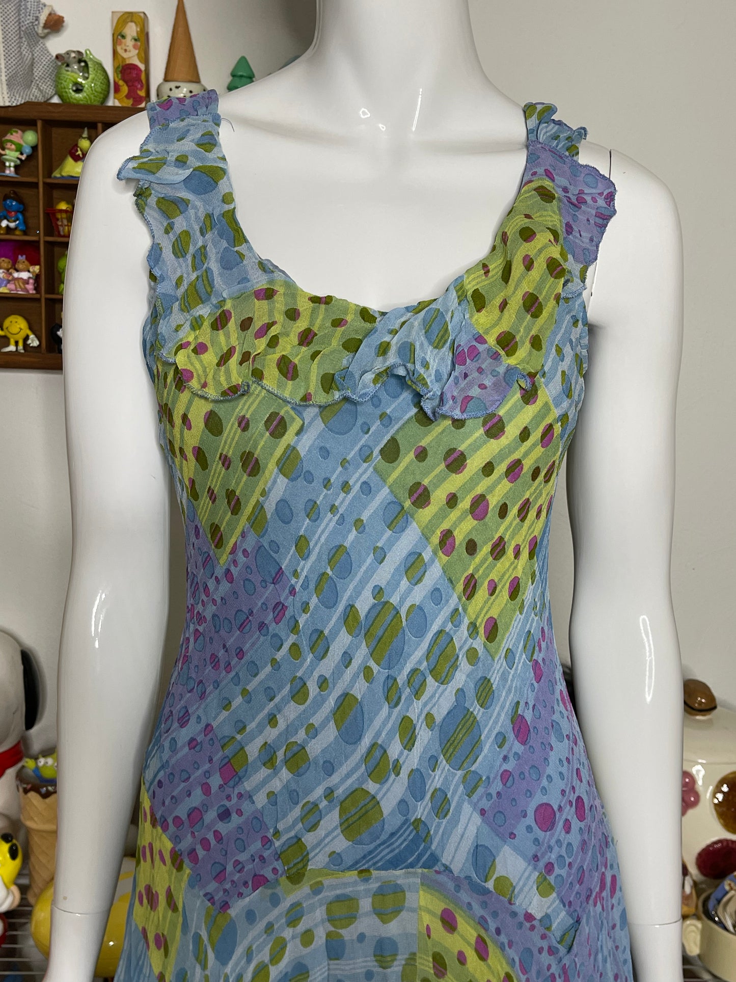 Vintage 2000s Crinkly Polka Dot Layered Midi Dress Sz L