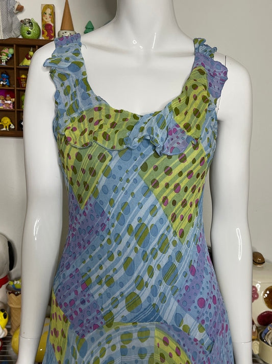 Vintage 2000s Crinkly Polka Dot Layered Midi Dress Sz L