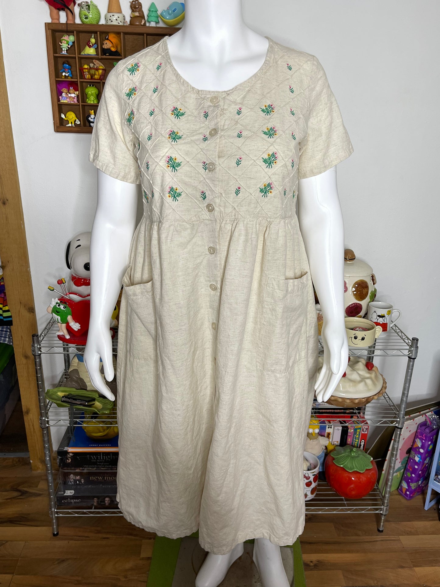 Vintage Flower Embroidered Linen Blend Maxi Dress Sz L