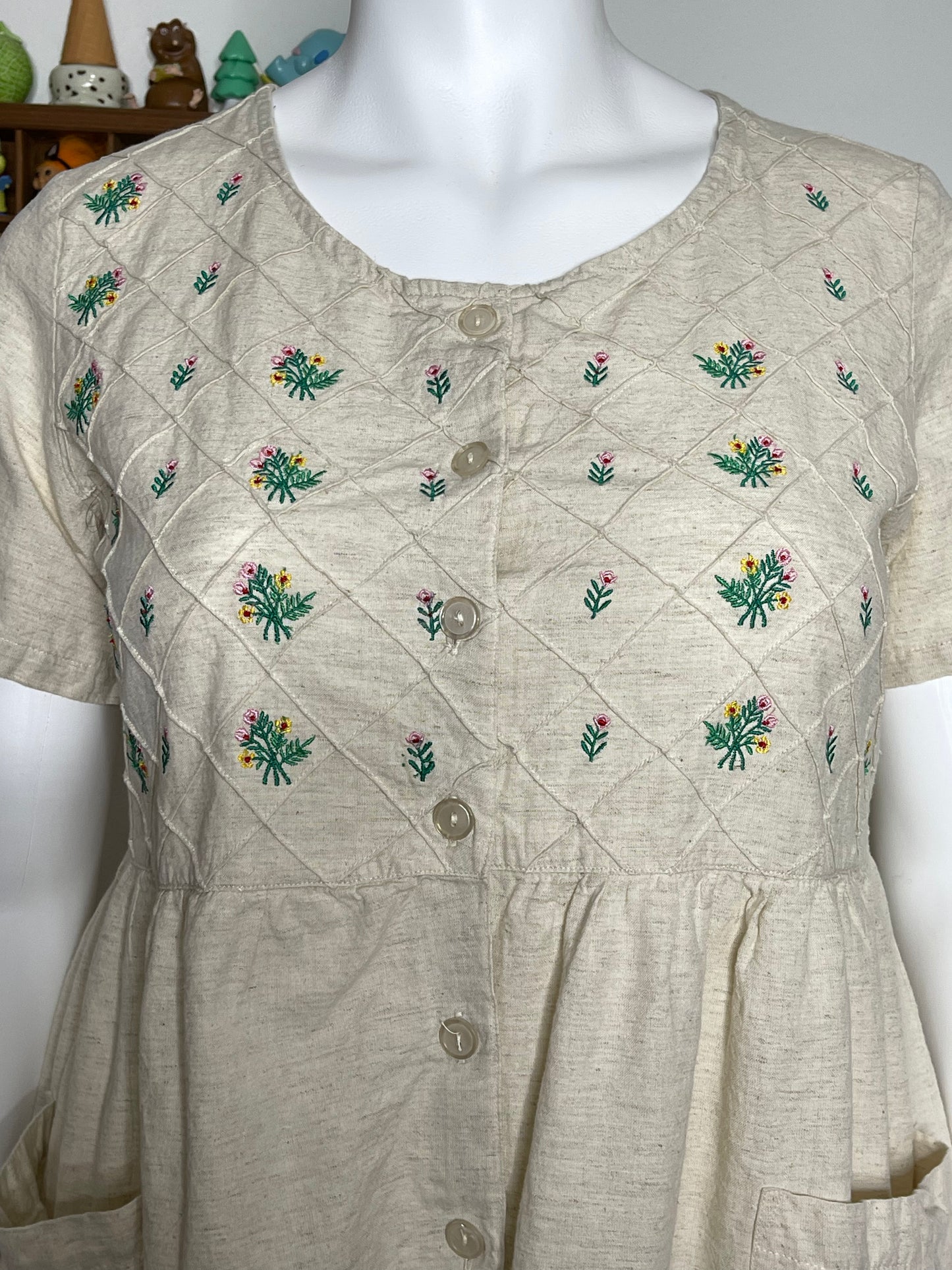 Vintage Flower Embroidered Linen Blend Maxi Dress Sz L