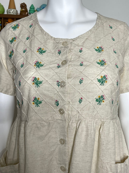 Vintage Flower Embroidered Linen Blend Maxi Dress Sz L