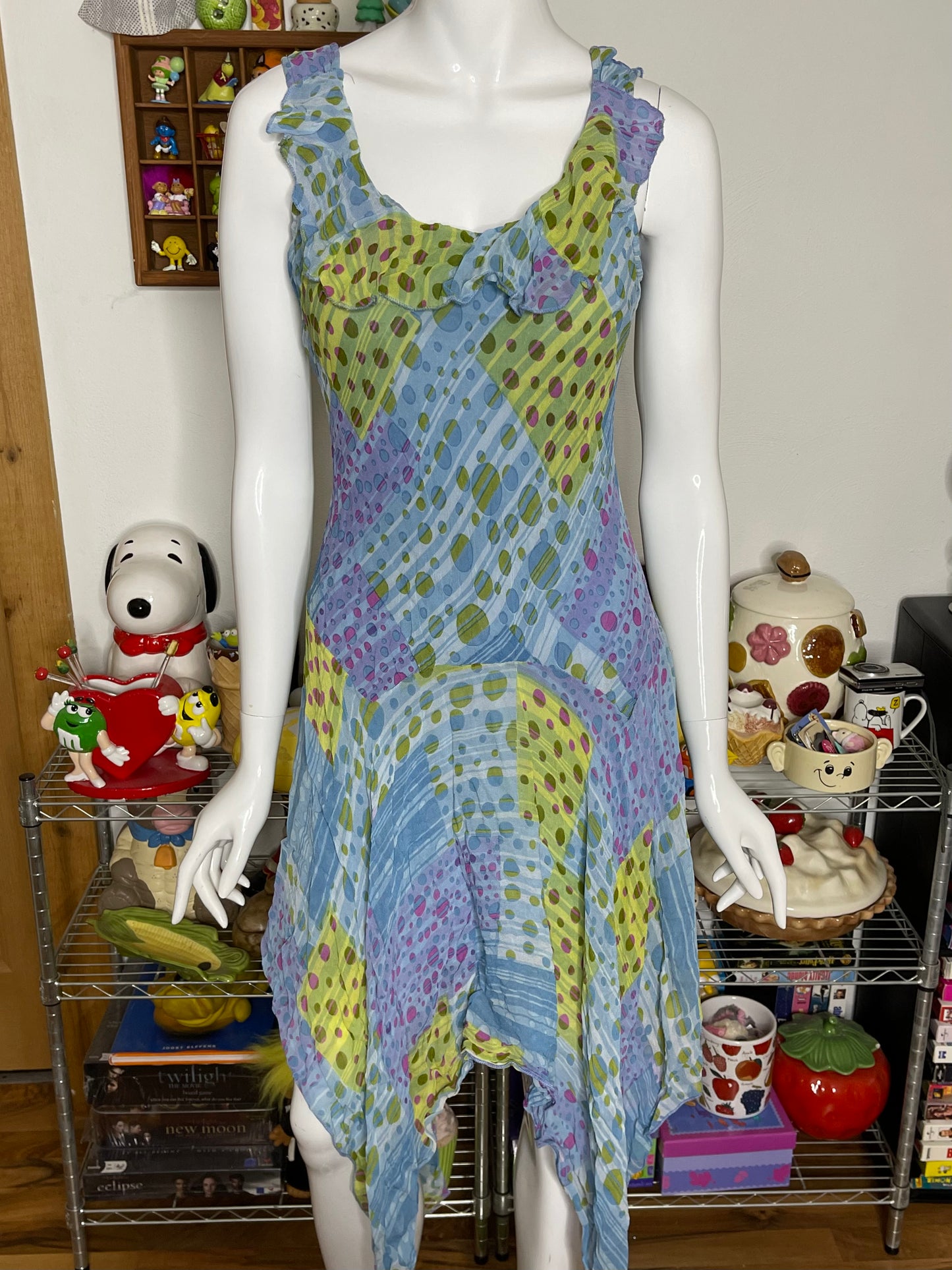Vintage 2000s Crinkly Polka Dot Layered Midi Dress Sz L