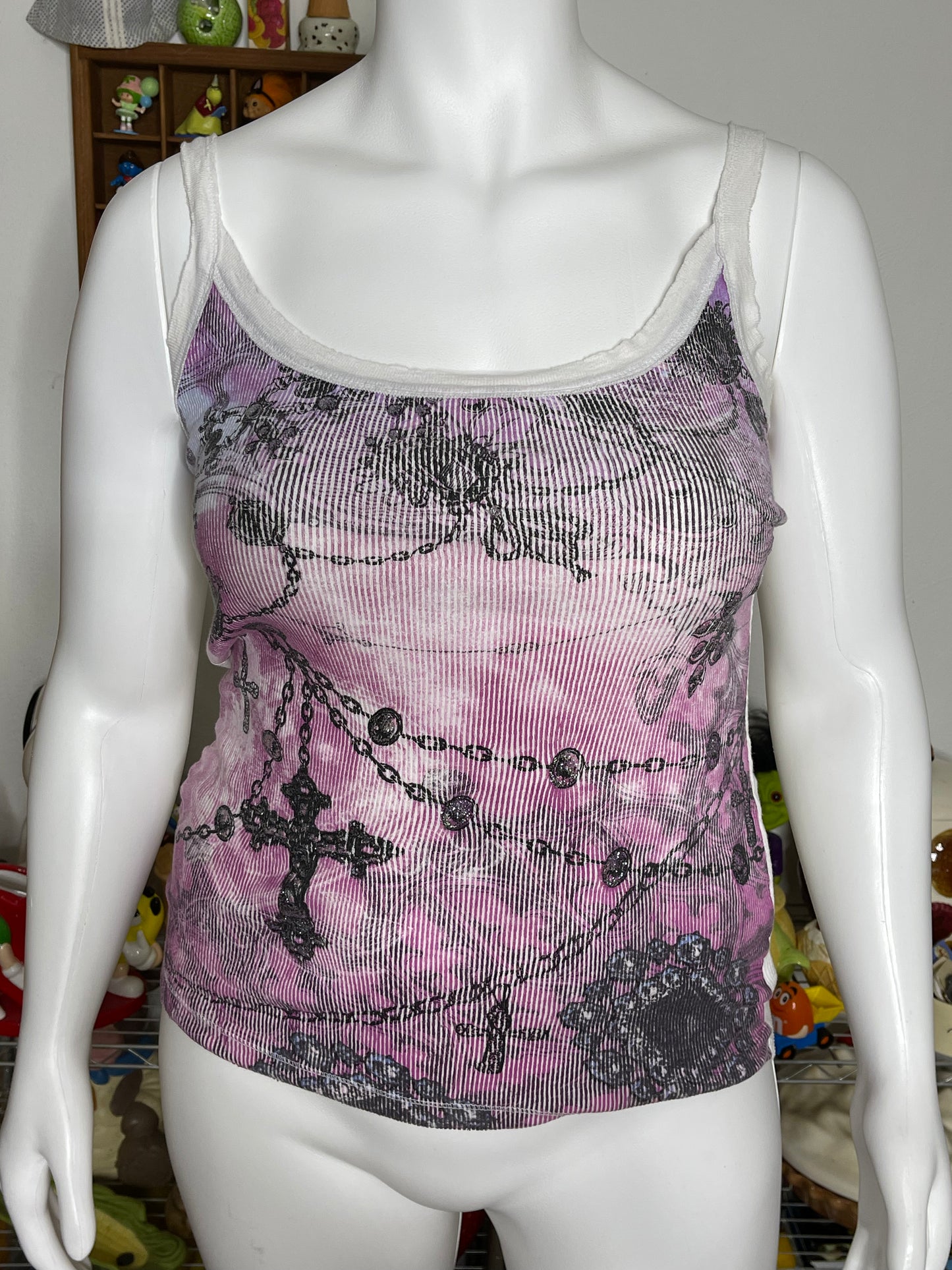 2000s Grunge Glittery Cross Chain Ribbed Distressed Tank Top Sz L/XL