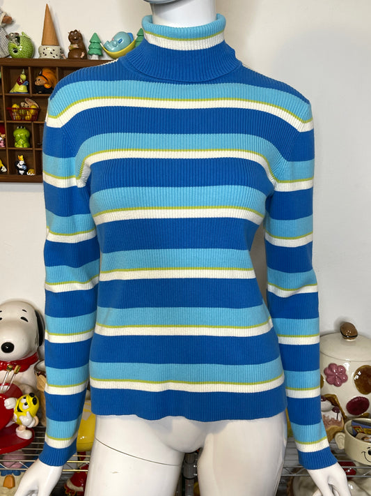 2000s Blue Green Striped Ribbed Turtleneck Sz M