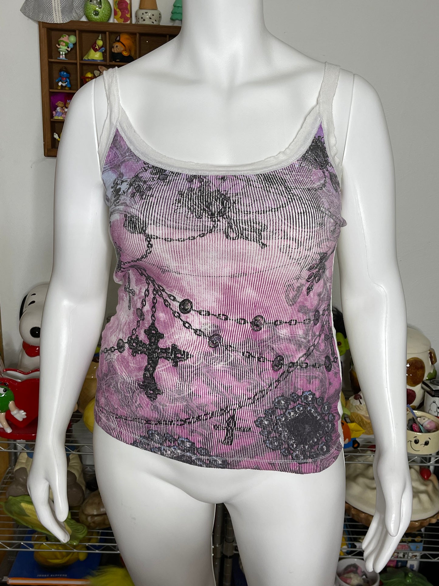 2000s Grunge Glittery Cross Chain Ribbed Distressed Tank Top Sz L/XL