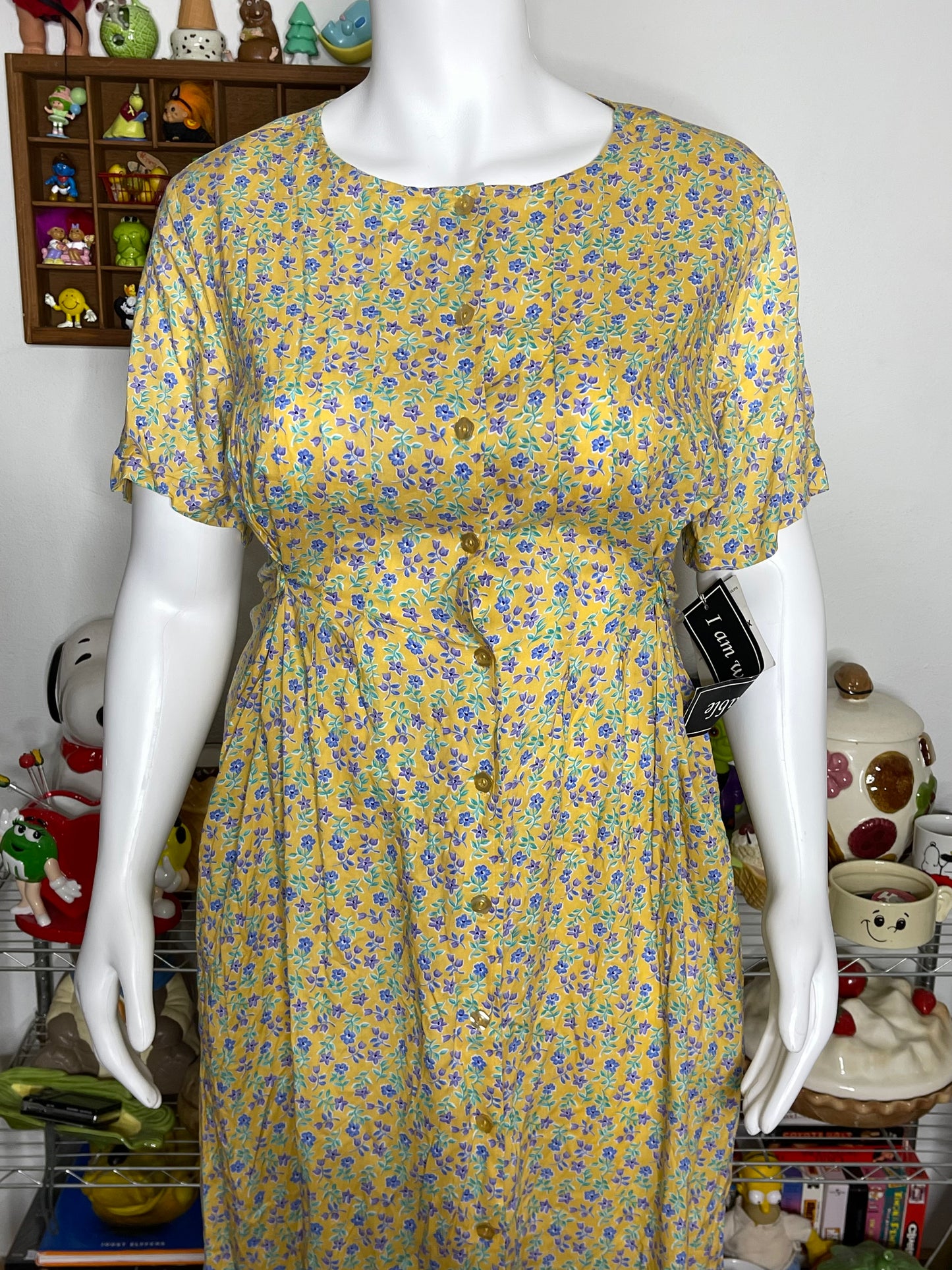 Vintage Deadstock Yellow Floral Button Down Dress Sz L/XL
