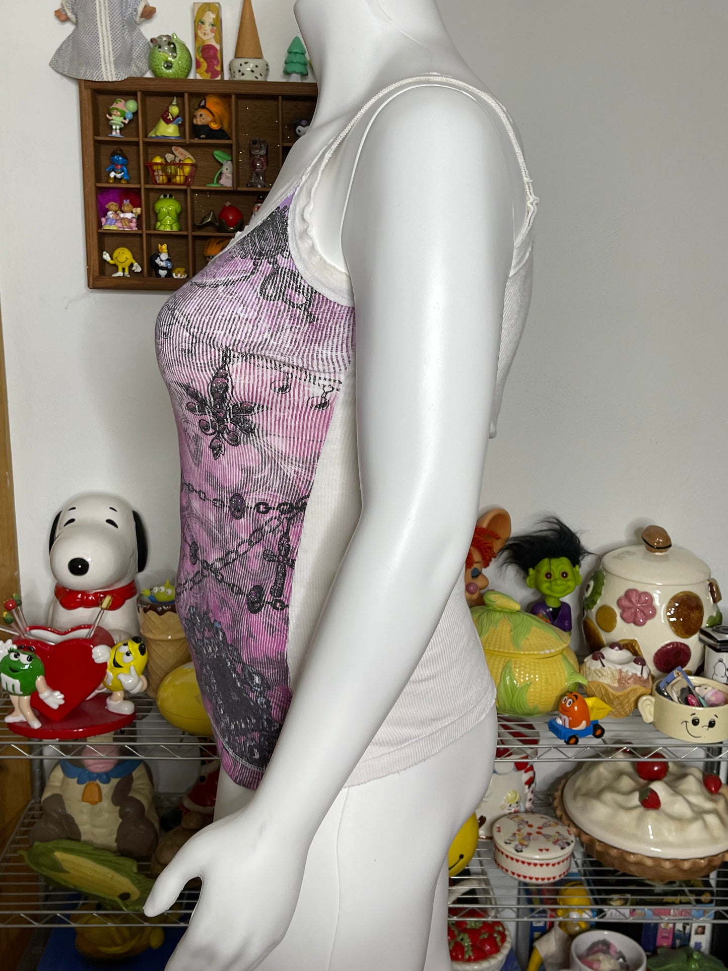 2000s Grunge Glittery Cross Chain Ribbed Distressed Tank Top Sz L/XL