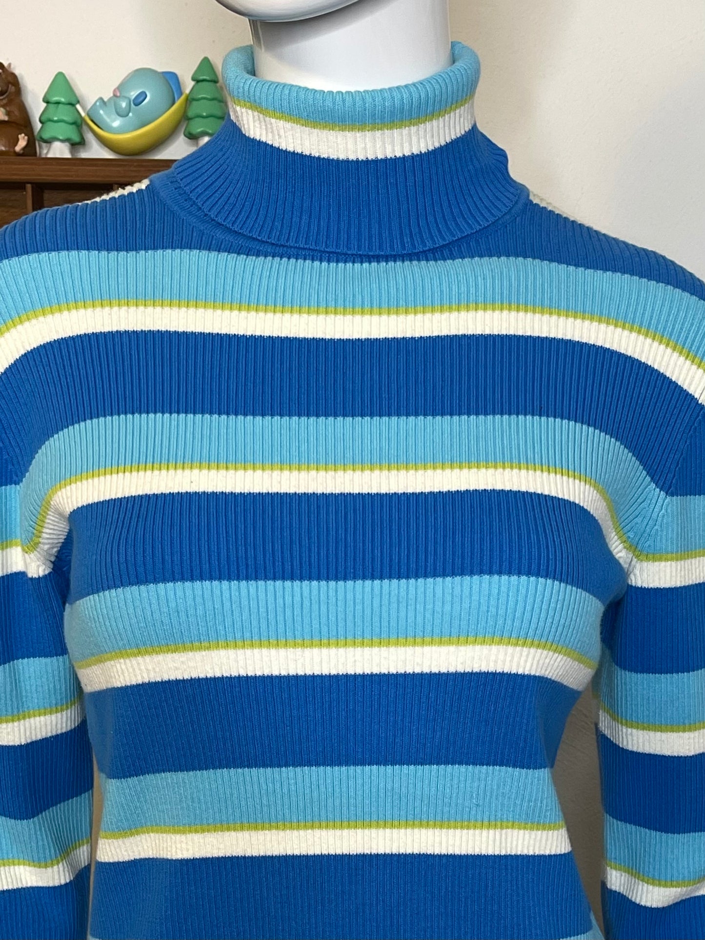 2000s Blue Green Striped Ribbed Turtleneck Sz M