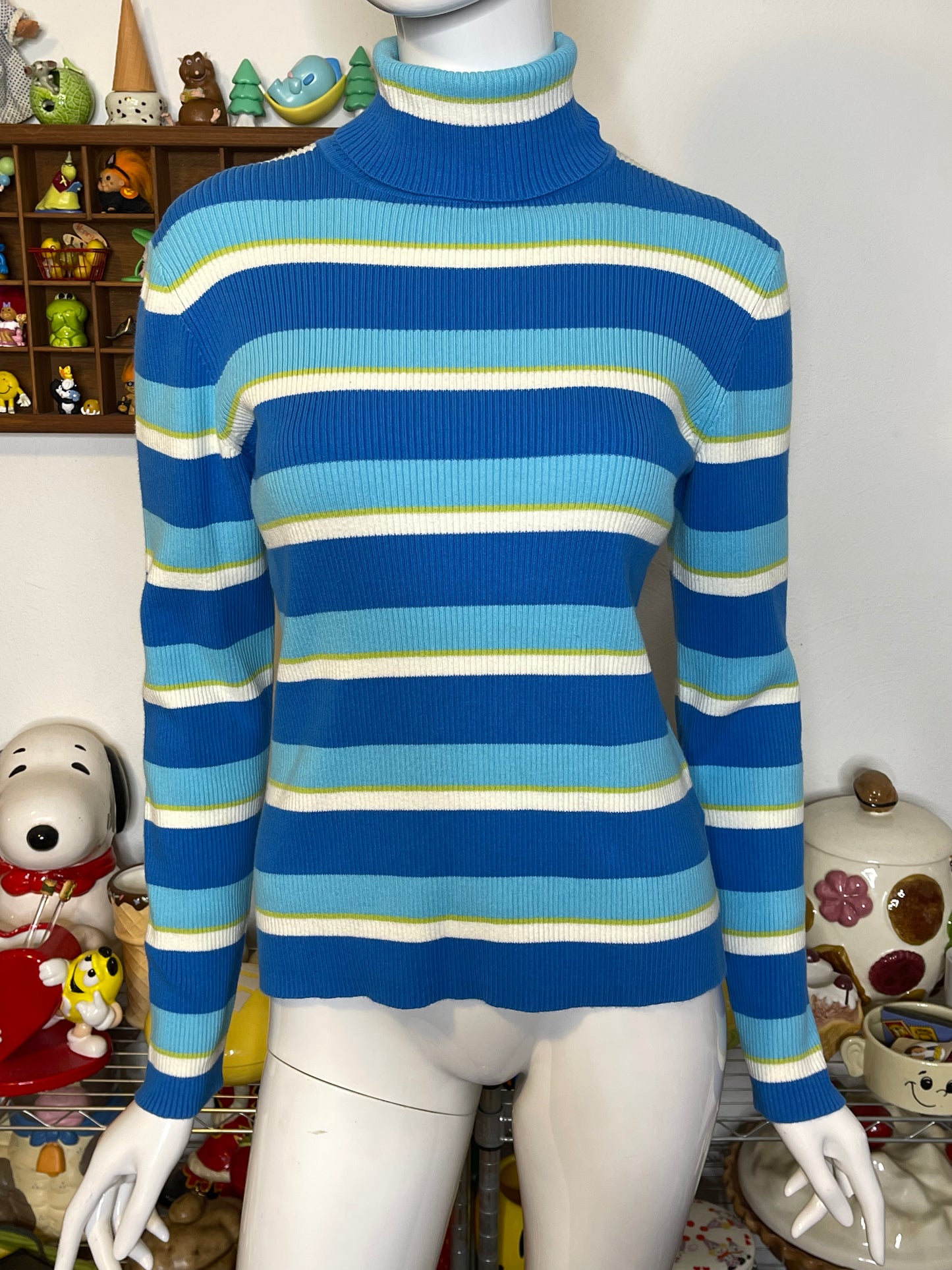 2000s Blue Green Striped Ribbed Turtleneck Sz M