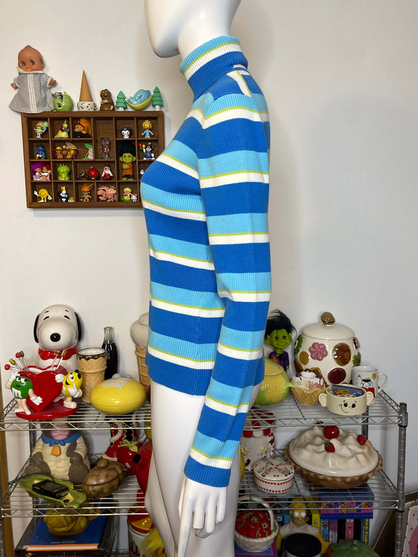 2000s Blue Green Striped Ribbed Turtleneck Sz M