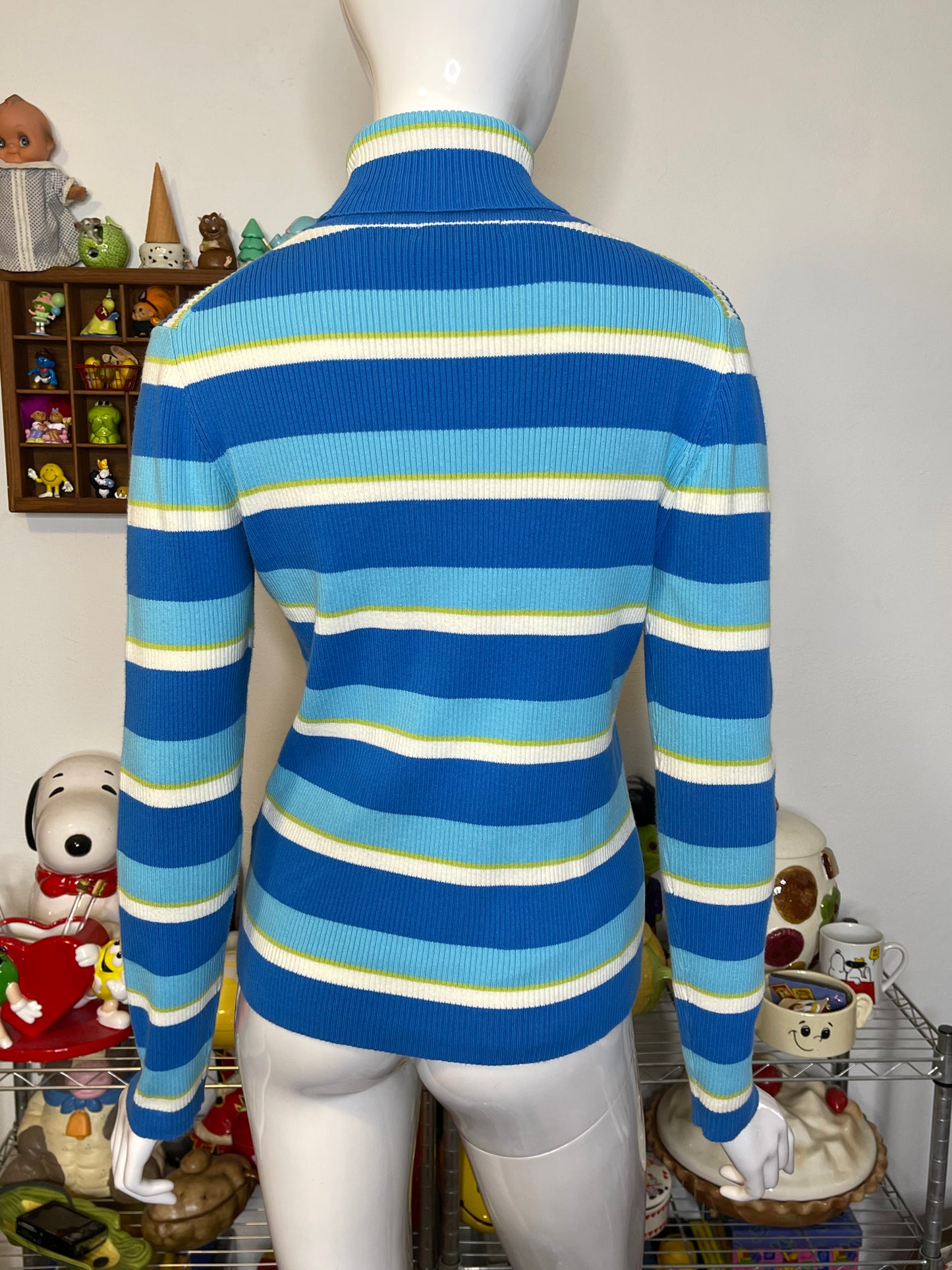 2000s Blue Green Striped Ribbed Turtleneck Sz M