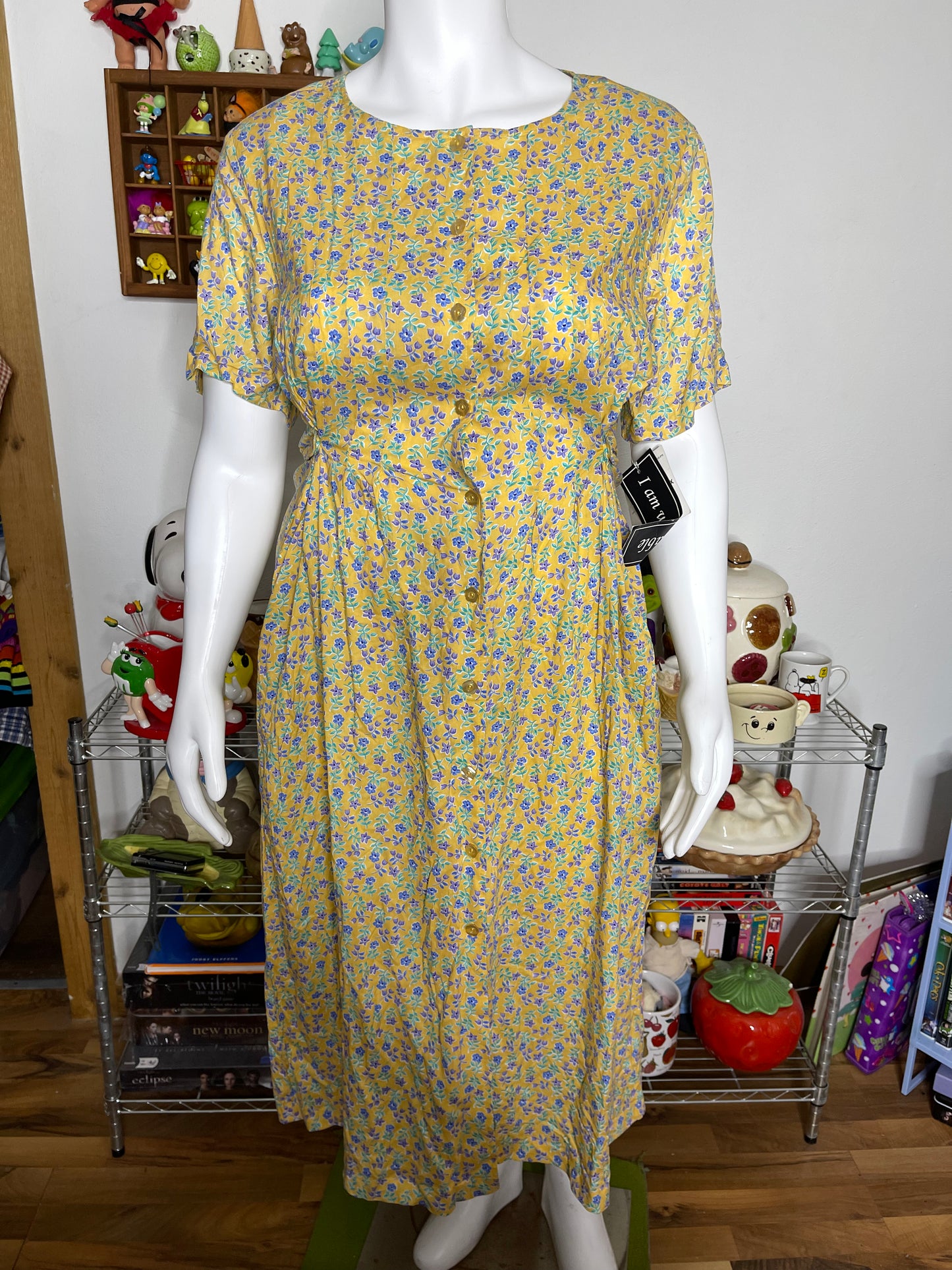 Vintage Deadstock Yellow Floral Button Down Dress Sz L/XL