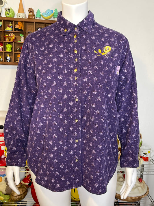 Vintage 2000s Corduroy Tweety Floral Button Down Sz 18W/20W
