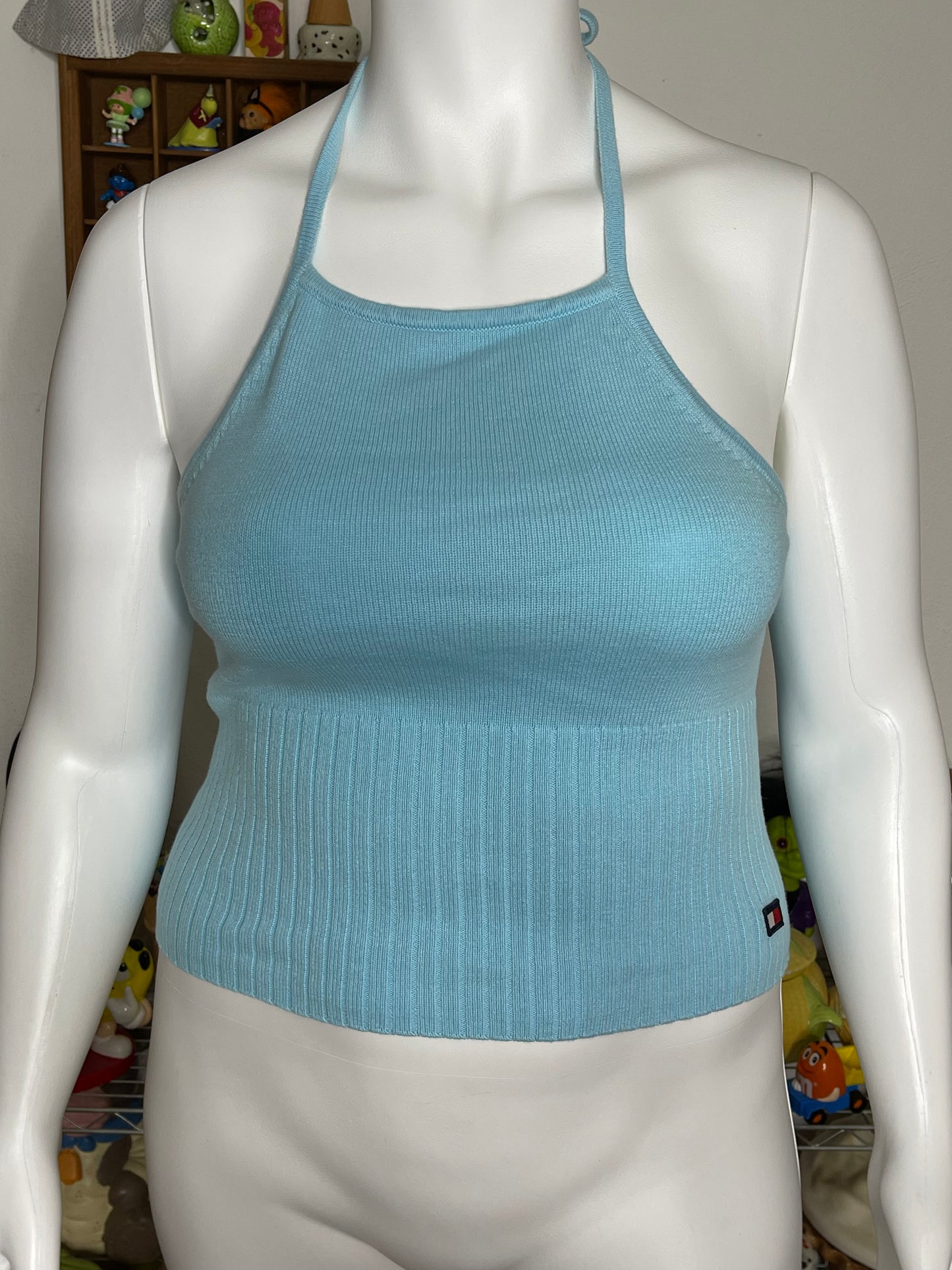 2000s Tommy Hilfiger Aqua Blue Knit Halter Top Sz L/XL
