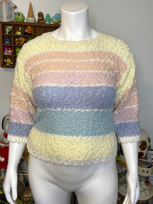 Vintage Pastel Knit Popcorn Textured 3/4 Sleeve Top Sz L