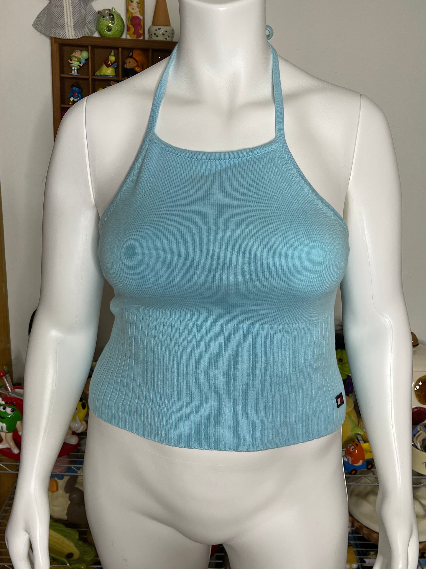 2000s Tommy Hilfiger Aqua Blue Knit Halter Top Sz L/XL