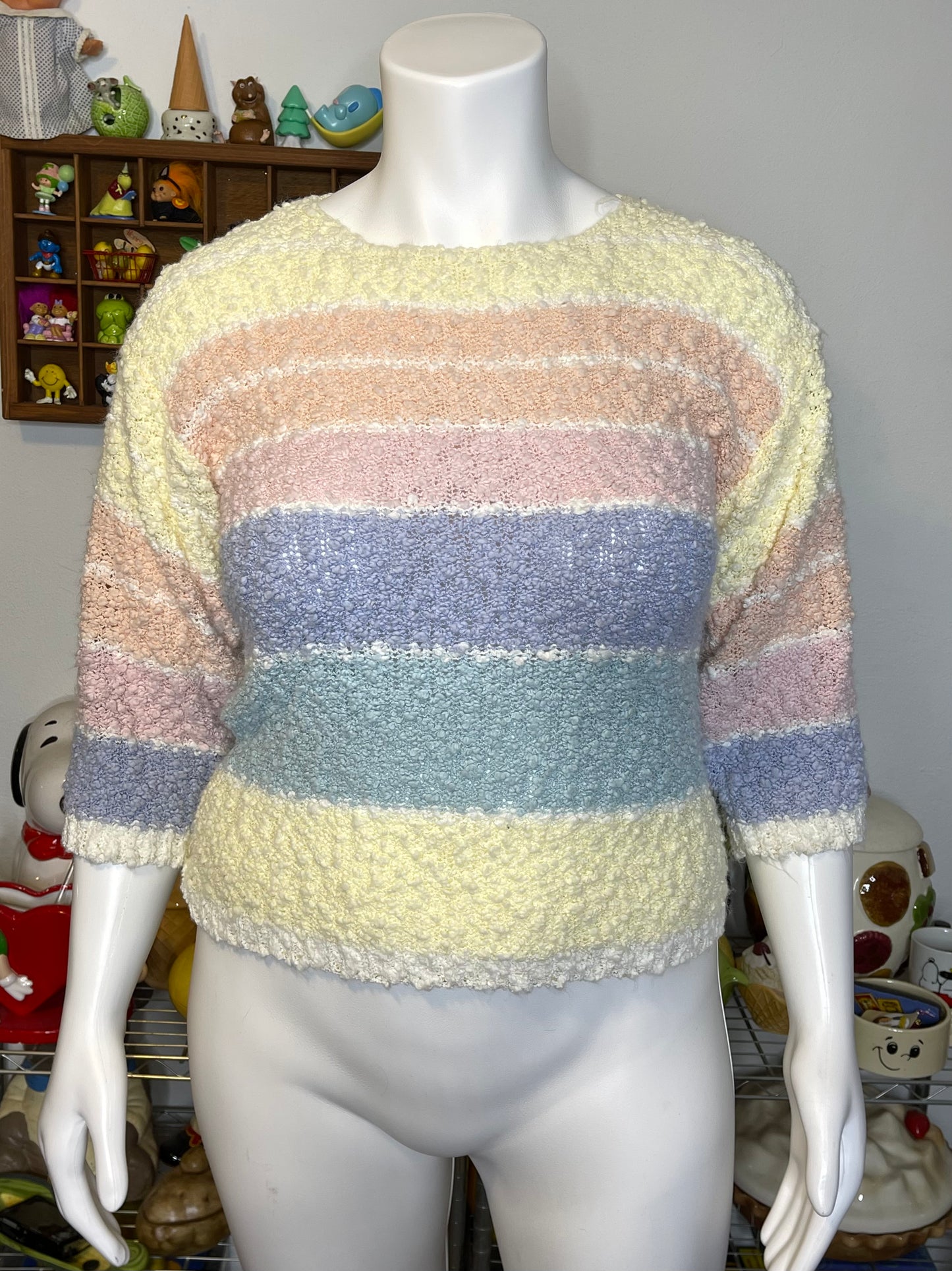Vintage Pastel Knit Popcorn Textured 3/4 Sleeve Top Sz L