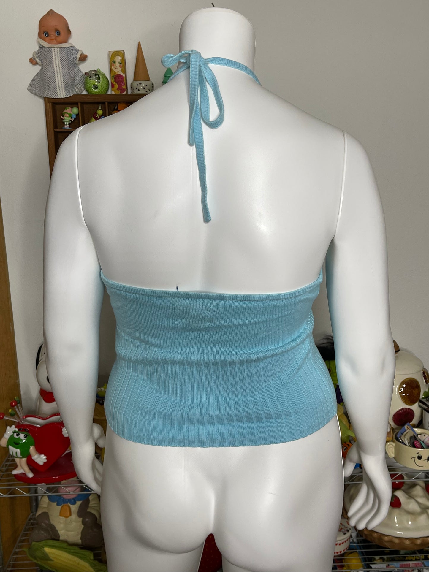 2000s Tommy Hilfiger Aqua Blue Knit Halter Top Sz L/XL