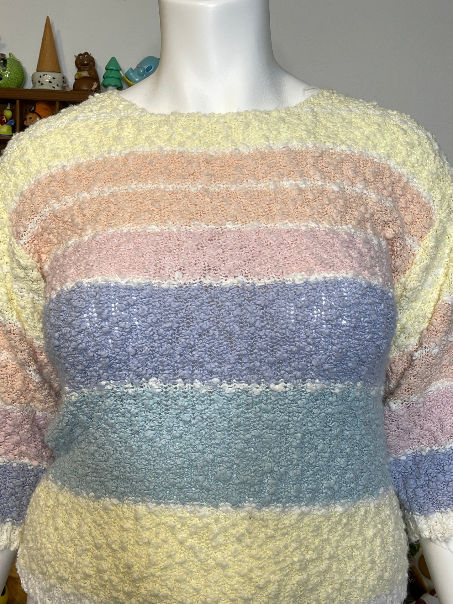 Vintage Pastel Knit Popcorn Textured 3/4 Sleeve Top Sz L