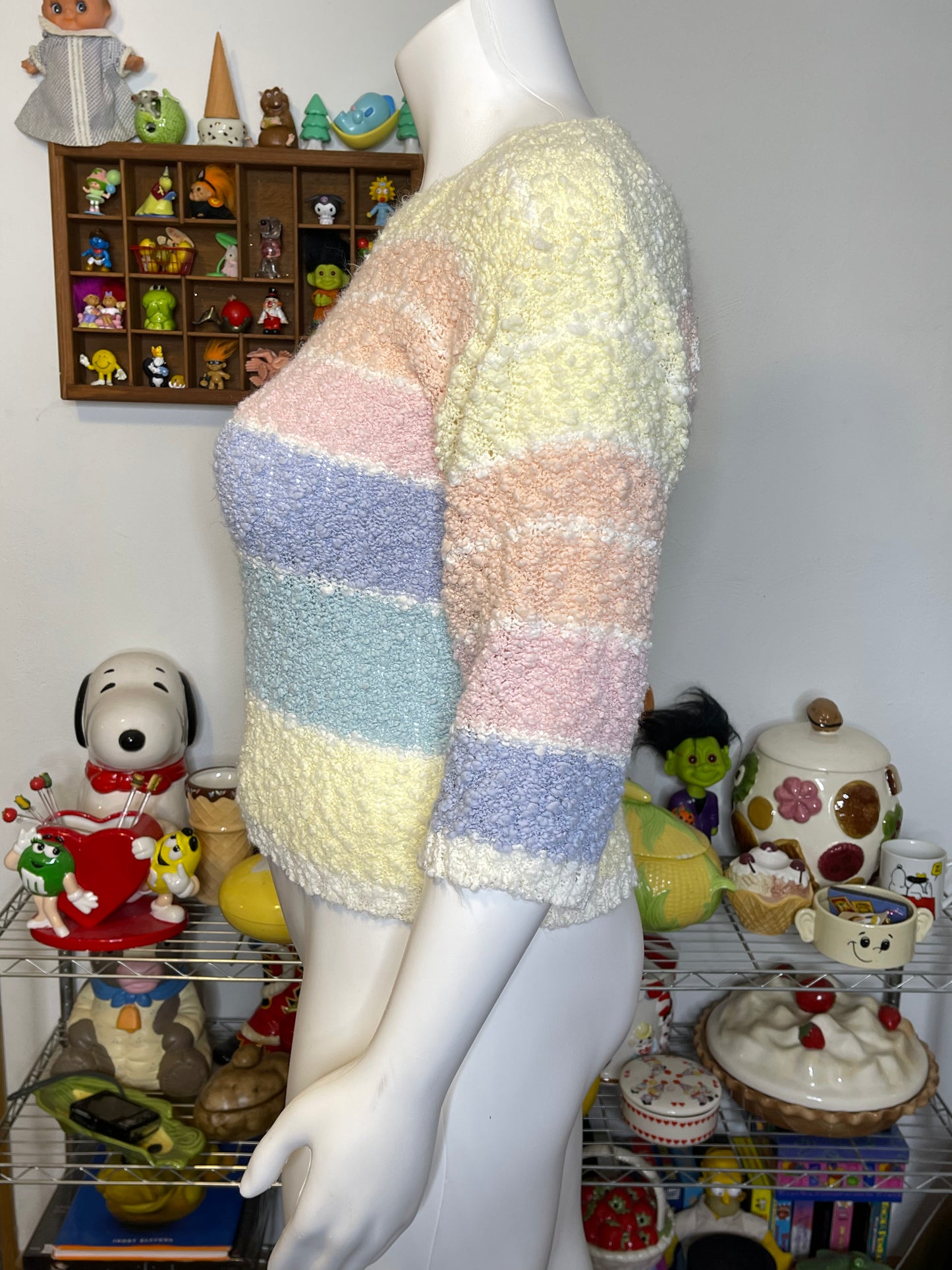 Vintage Pastel Knit Popcorn Textured 3/4 Sleeve Top Sz L