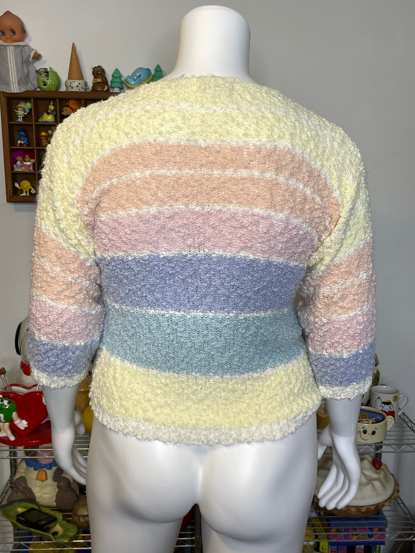Vintage Pastel Knit Popcorn Textured 3/4 Sleeve Top Sz L