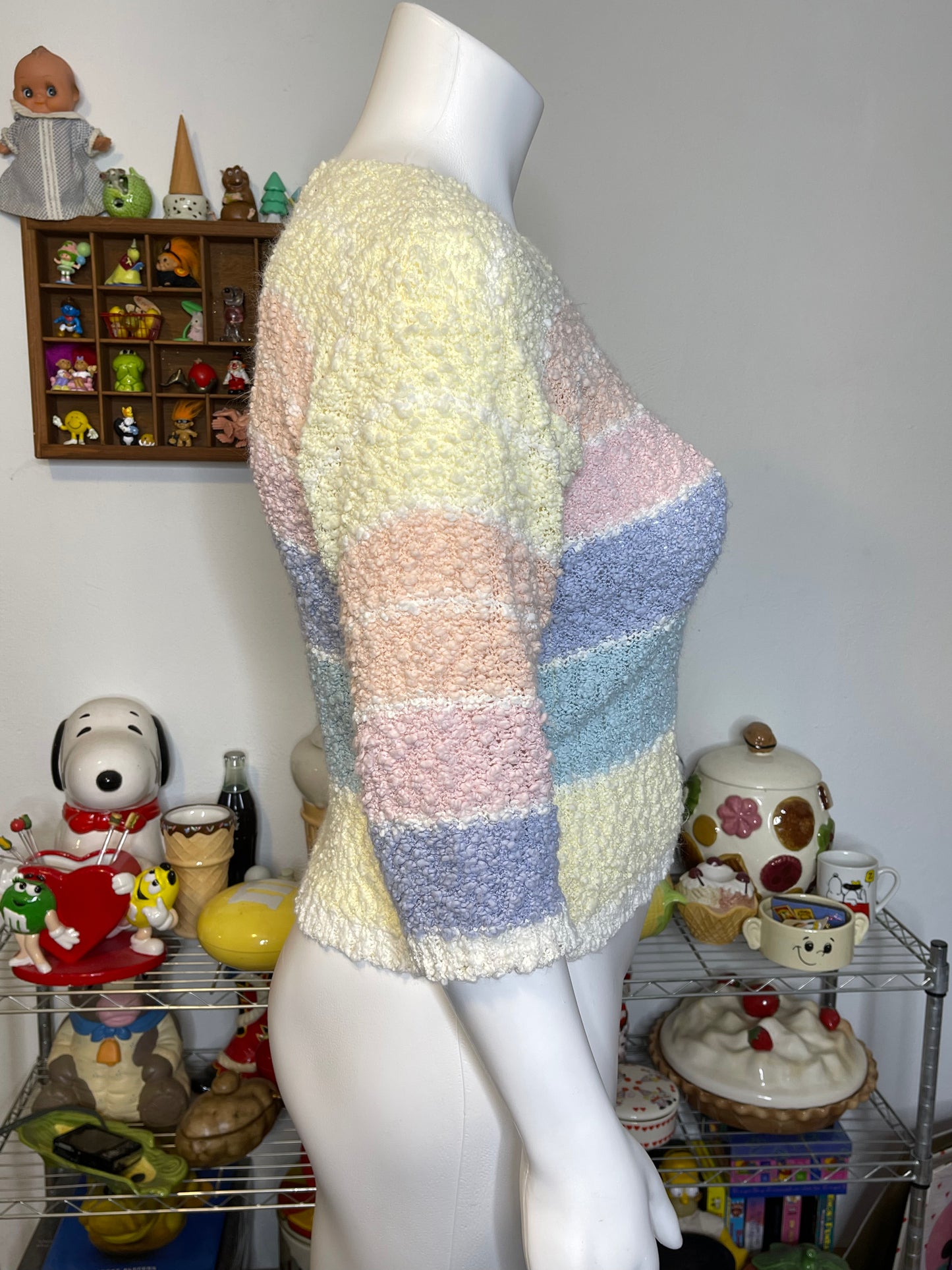 Vintage Pastel Knit Popcorn Textured 3/4 Sleeve Top Sz L