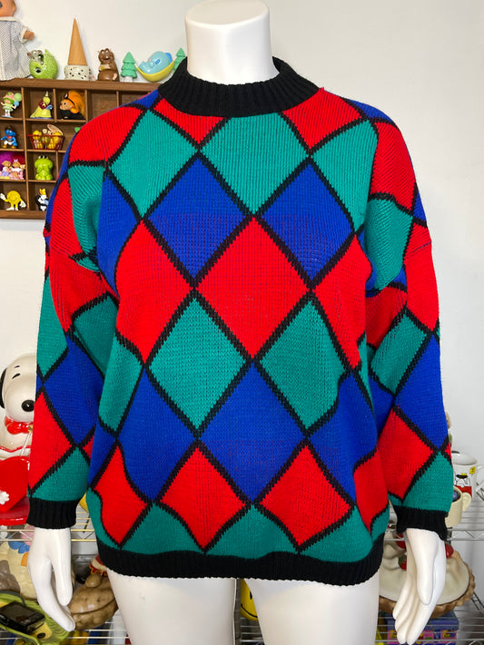 Vintage Colorful Diamond Print Oversized Knit Sweater Sz XL