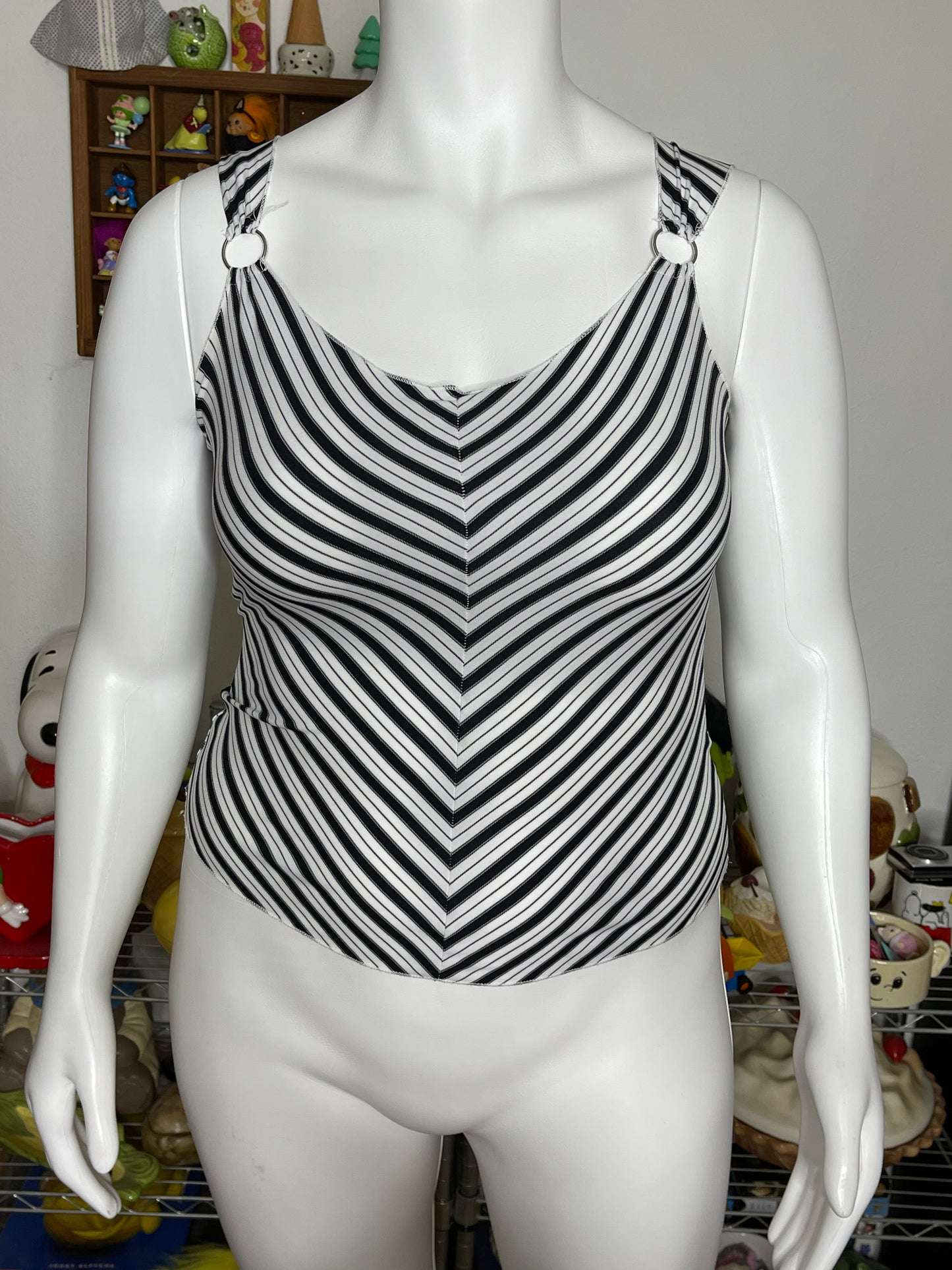 Vintage 2000s Black & White Striped O-Ring Tank Top Sz L