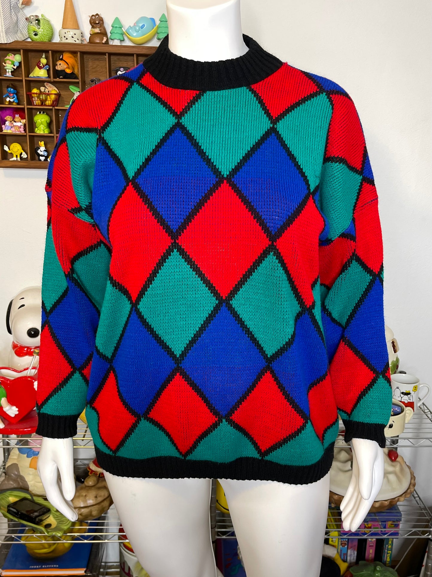 Vintage Colorful Diamond Print Oversized Knit Sweater Sz XL