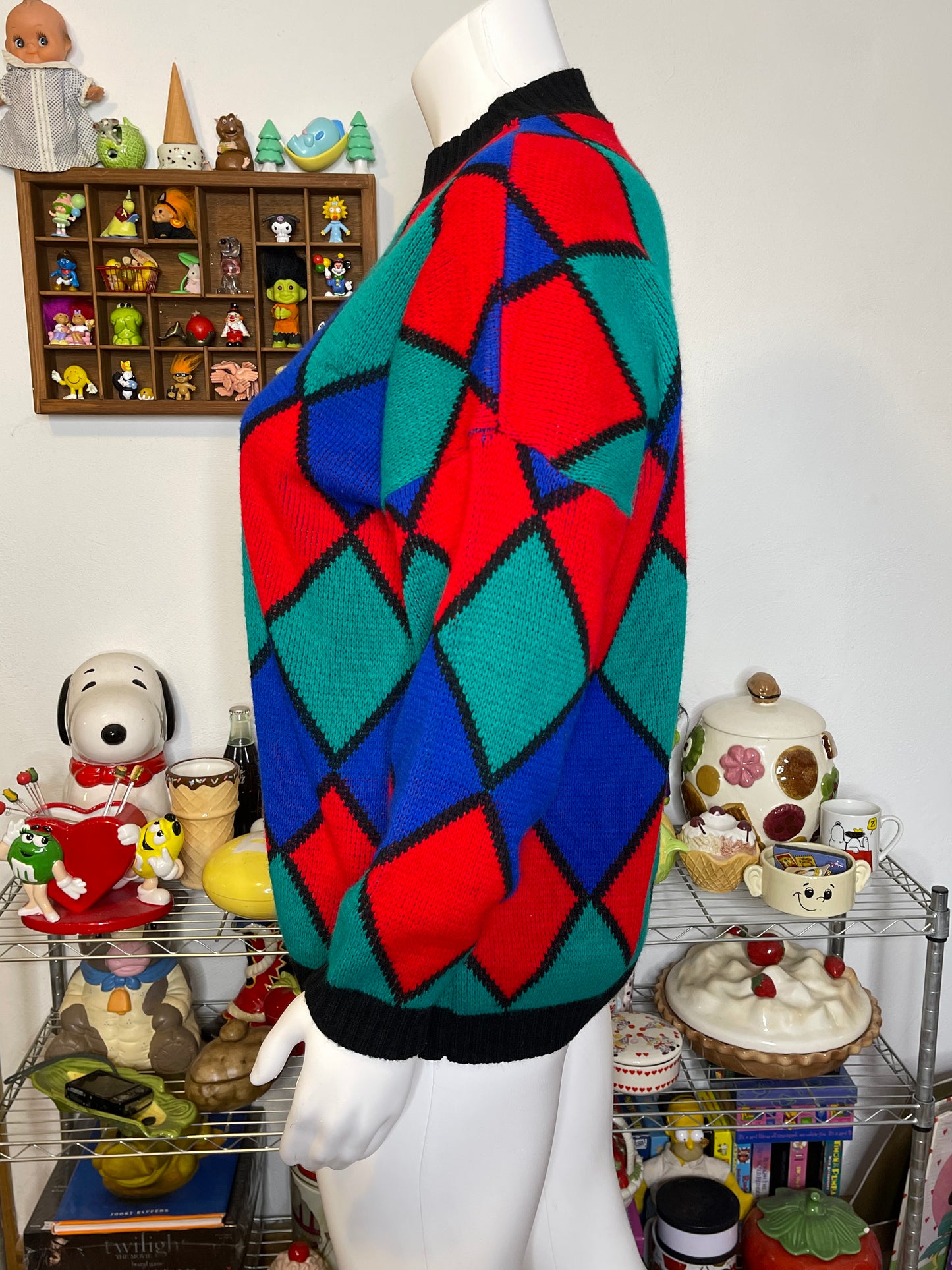 Vintage Colorful Diamond Print Oversized Knit Sweater Sz XL