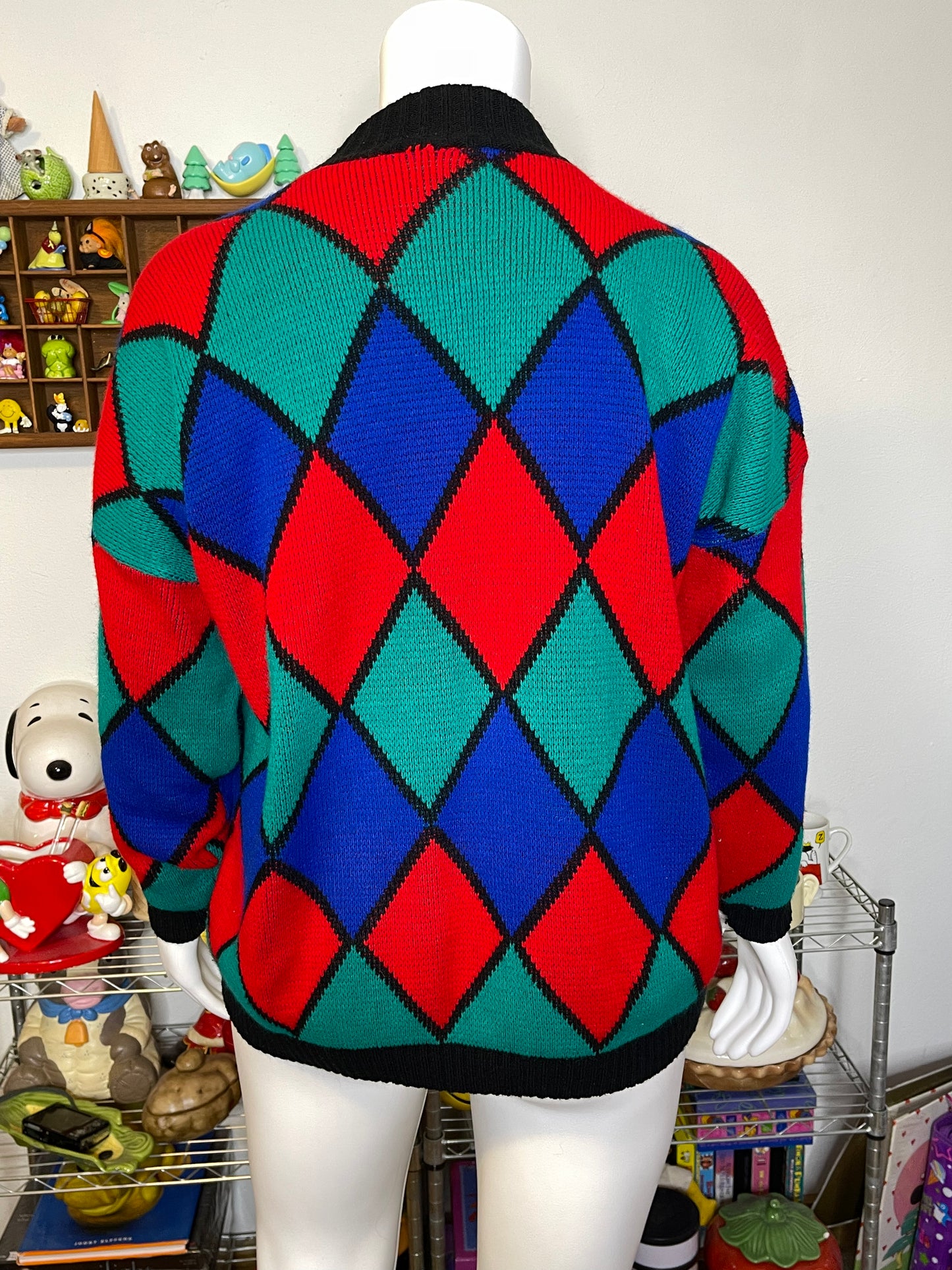 Vintage Colorful Diamond Print Oversized Knit Sweater Sz XL