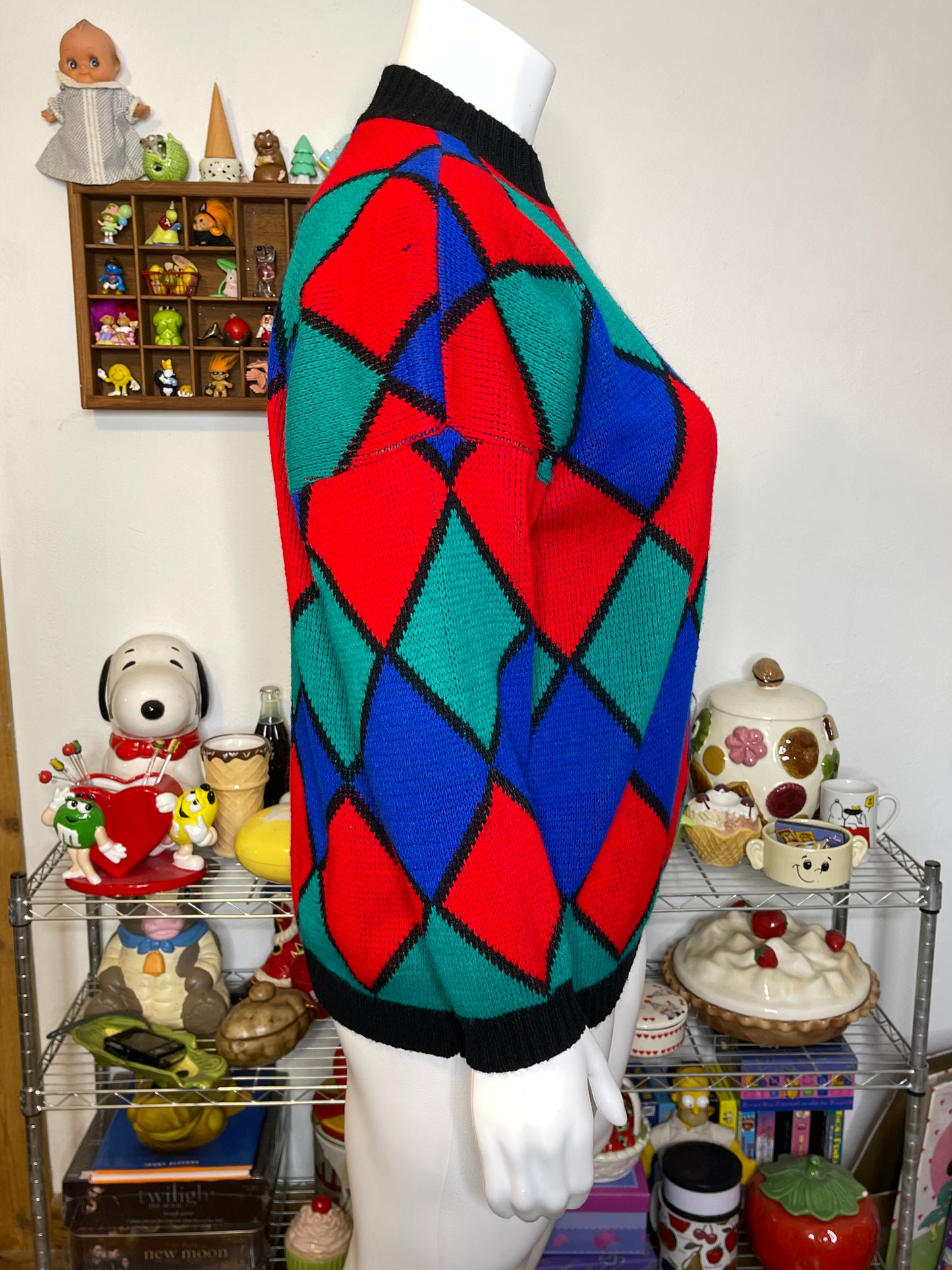 Vintage Colorful Diamond Print Oversized Knit Sweater Sz XL